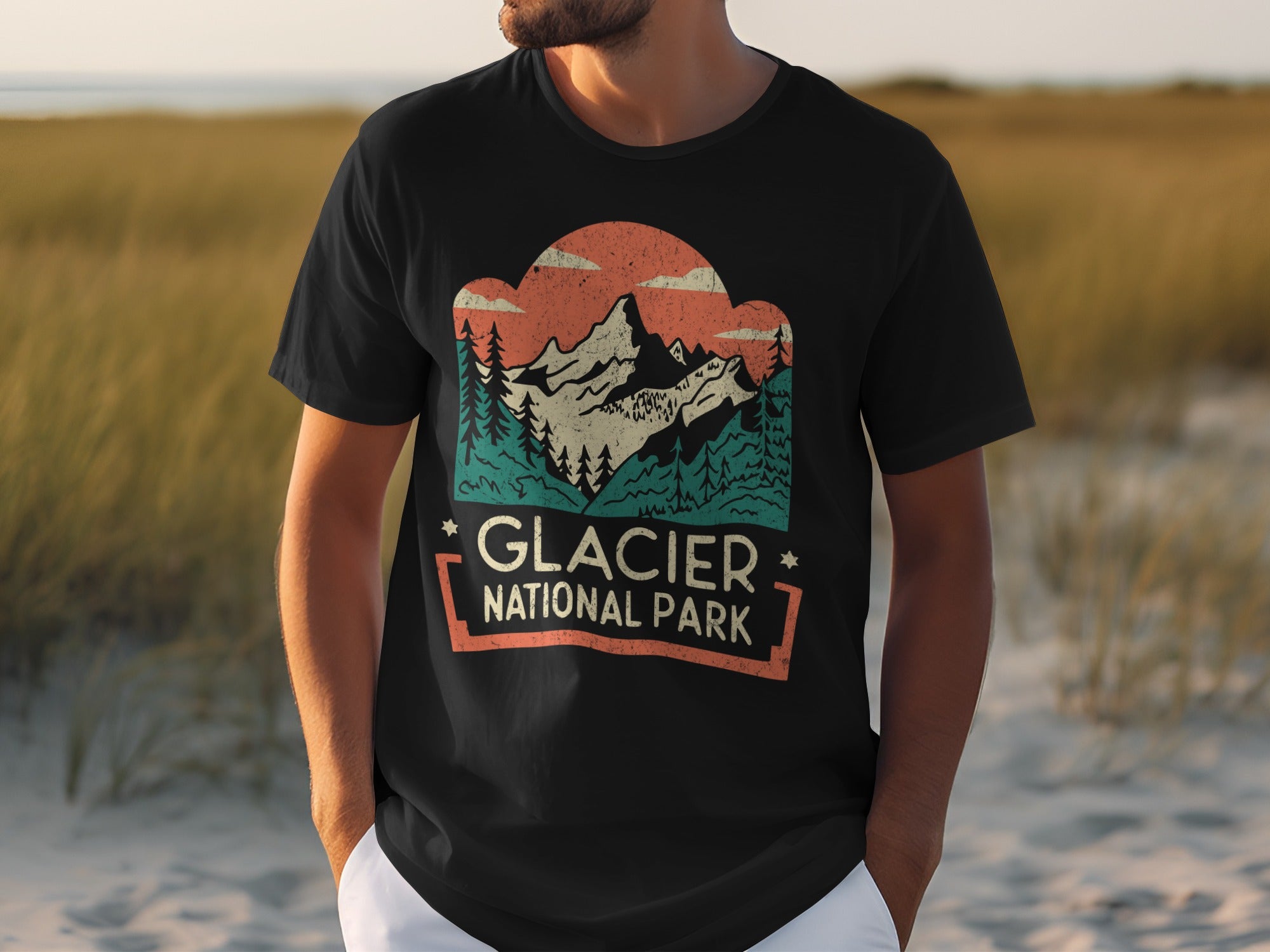 Black t-shirt with Glacier National Park graphic of mountains and trees