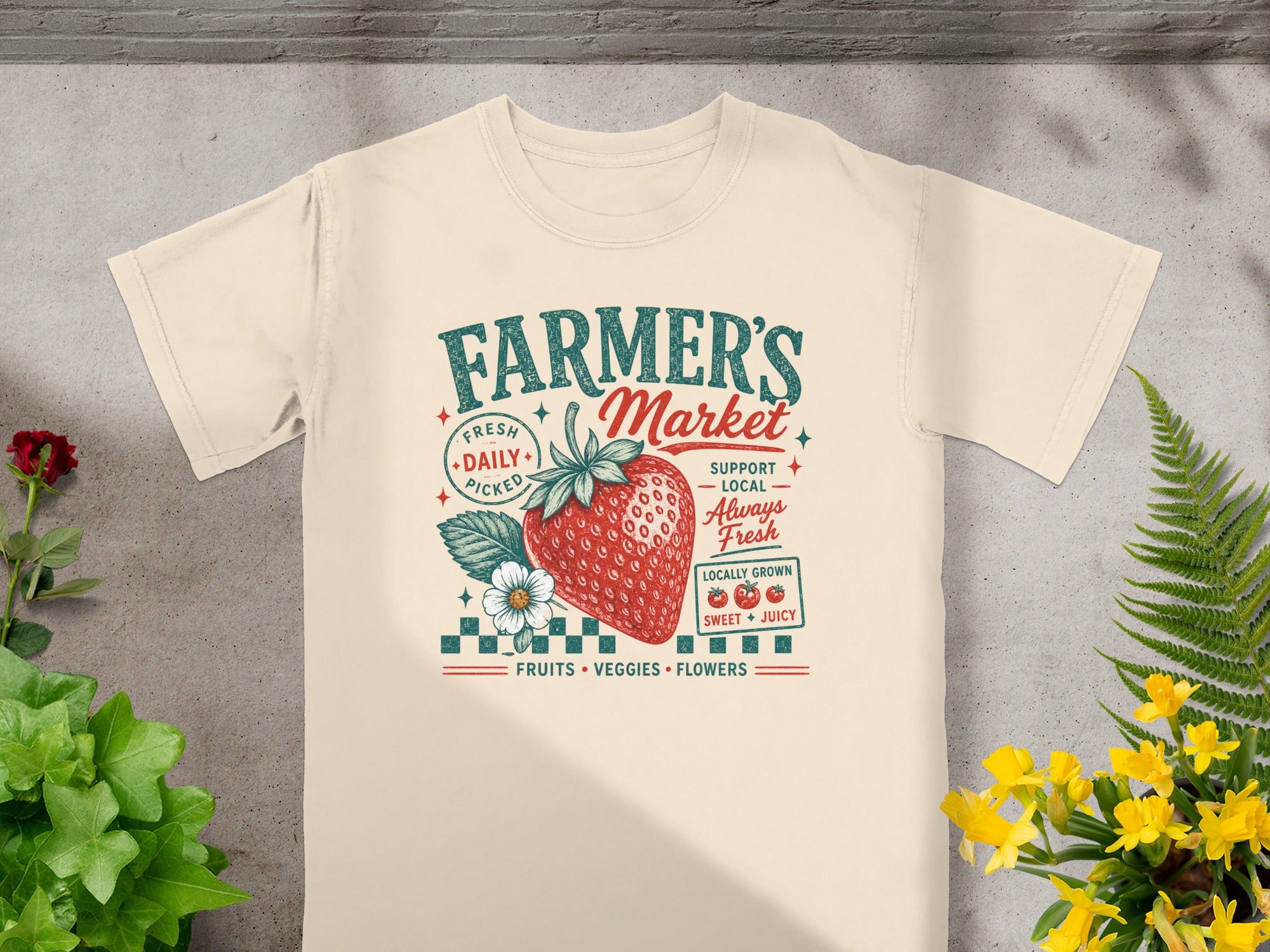 Cream t-shirt with Farmer's Market graphic featuring a strawberry and text.