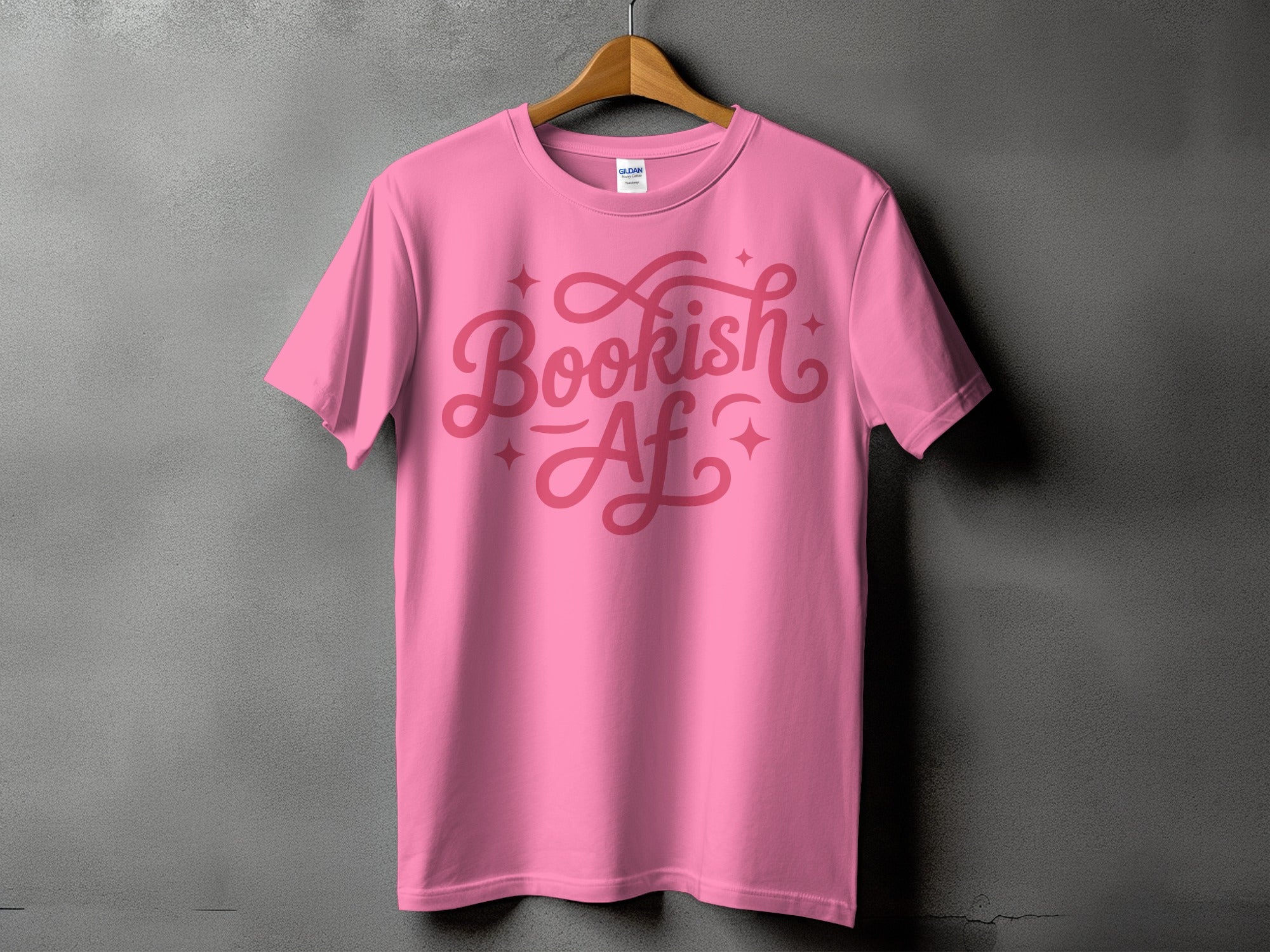 Pink t-shirt with "Bookish AF" text and stars design.