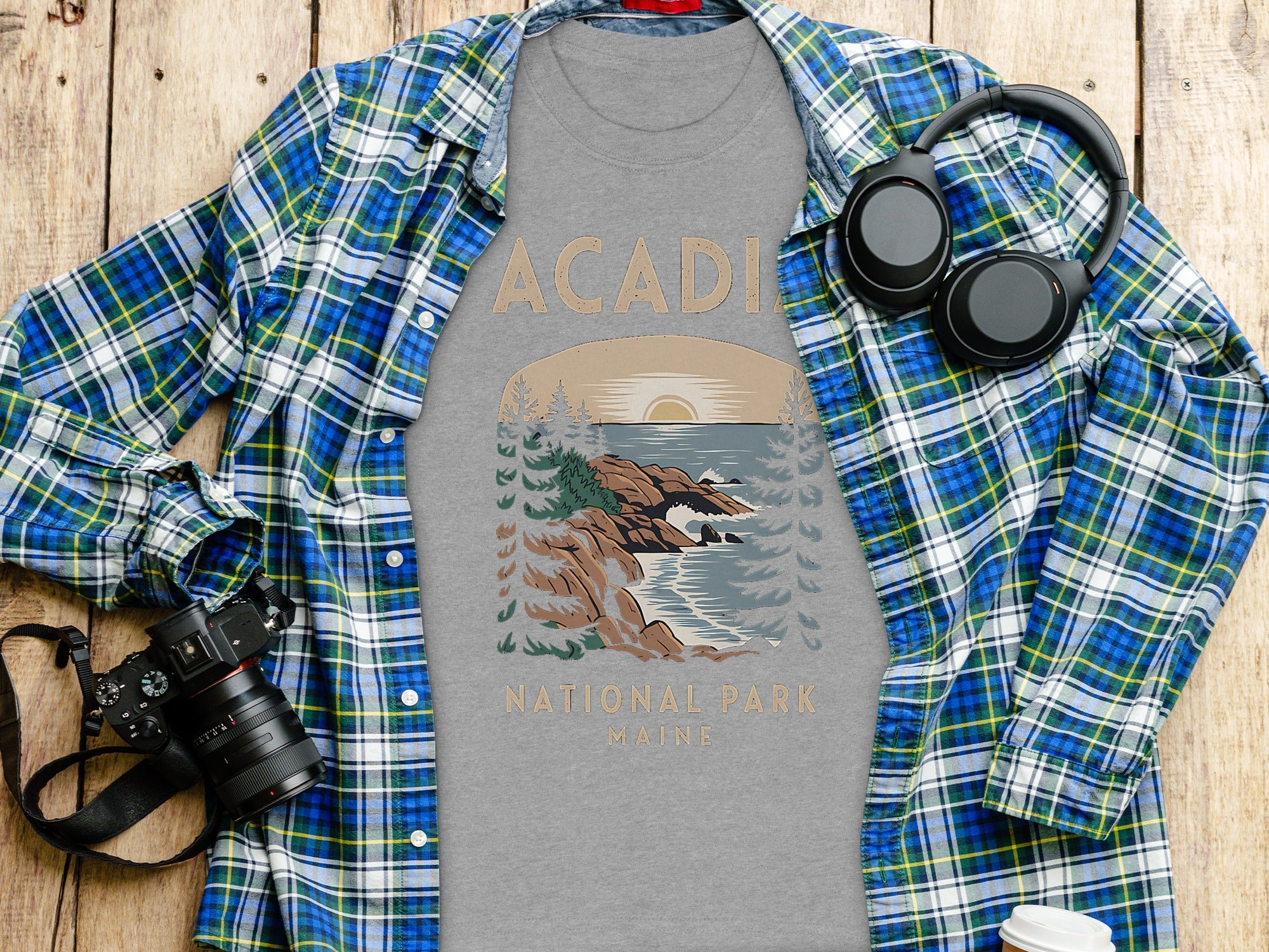 Gray t-shirt with "Acadia National Park Maine" graphic and coastal scene.
