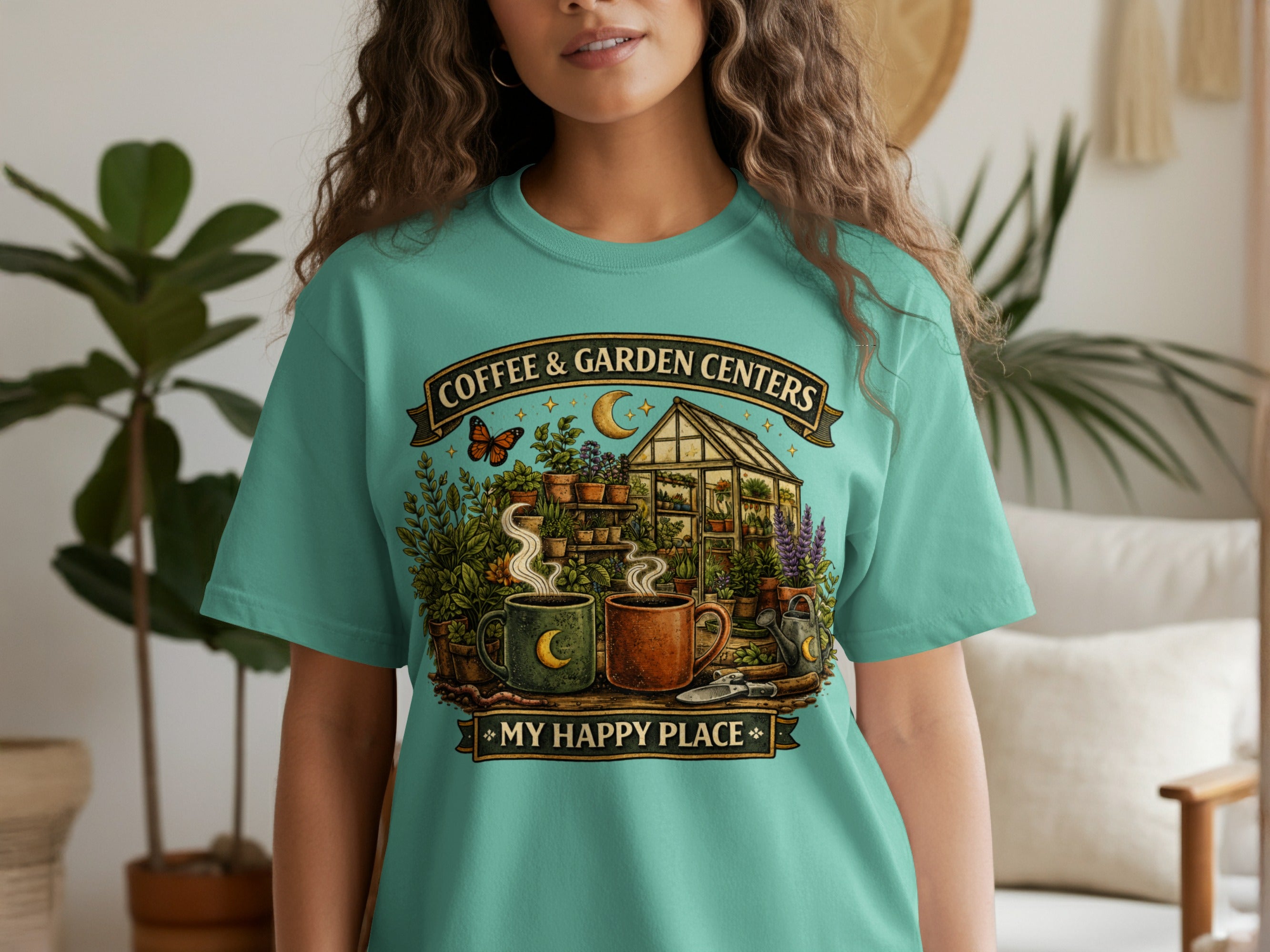 Turquoise t-shirt with "Coffee & Garden Centers" and "My Happy Place" text and garden graphic.