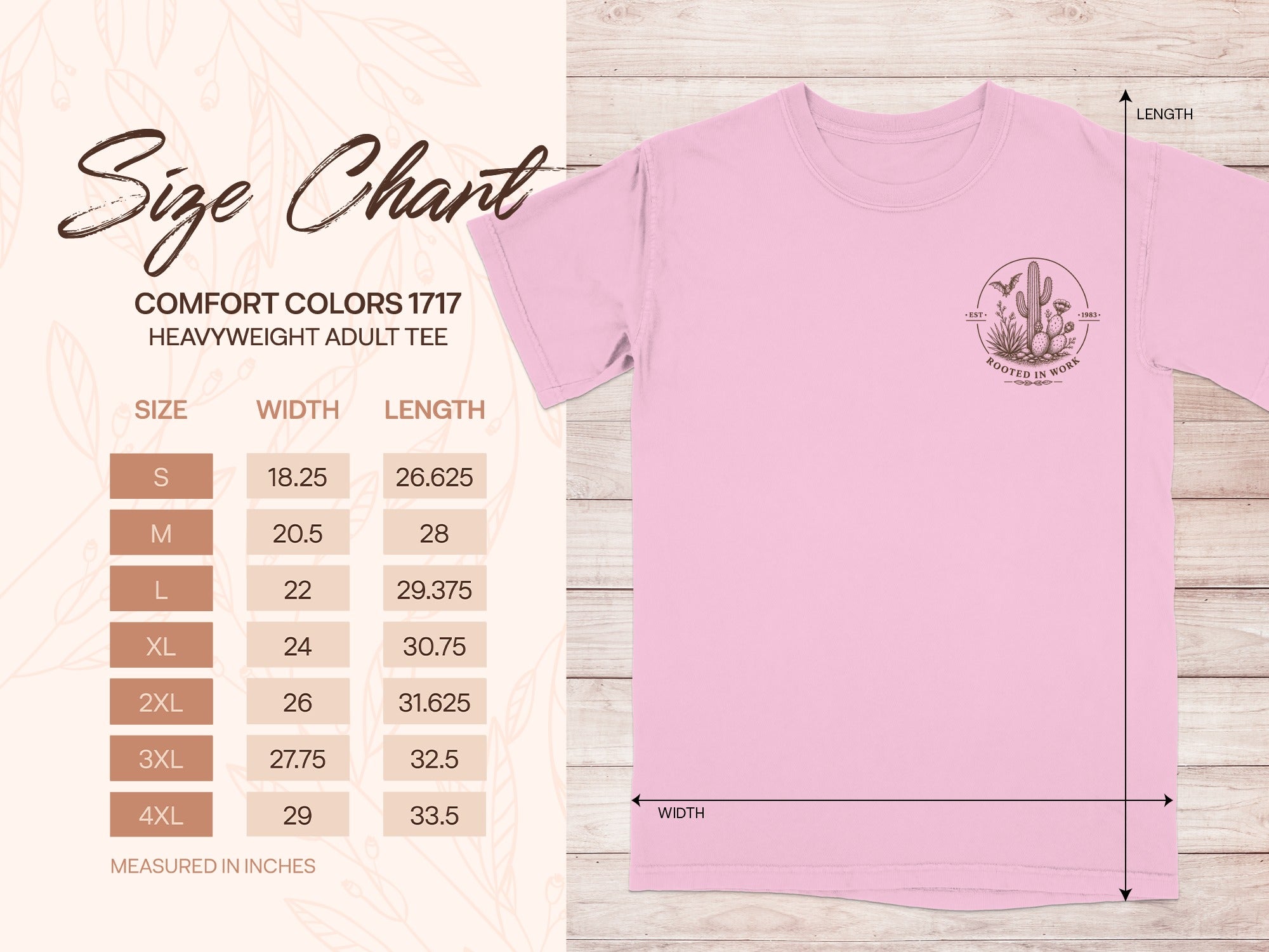 Comfort Colors 1717 heavyweight adult tee size chart with measurements in inches.
