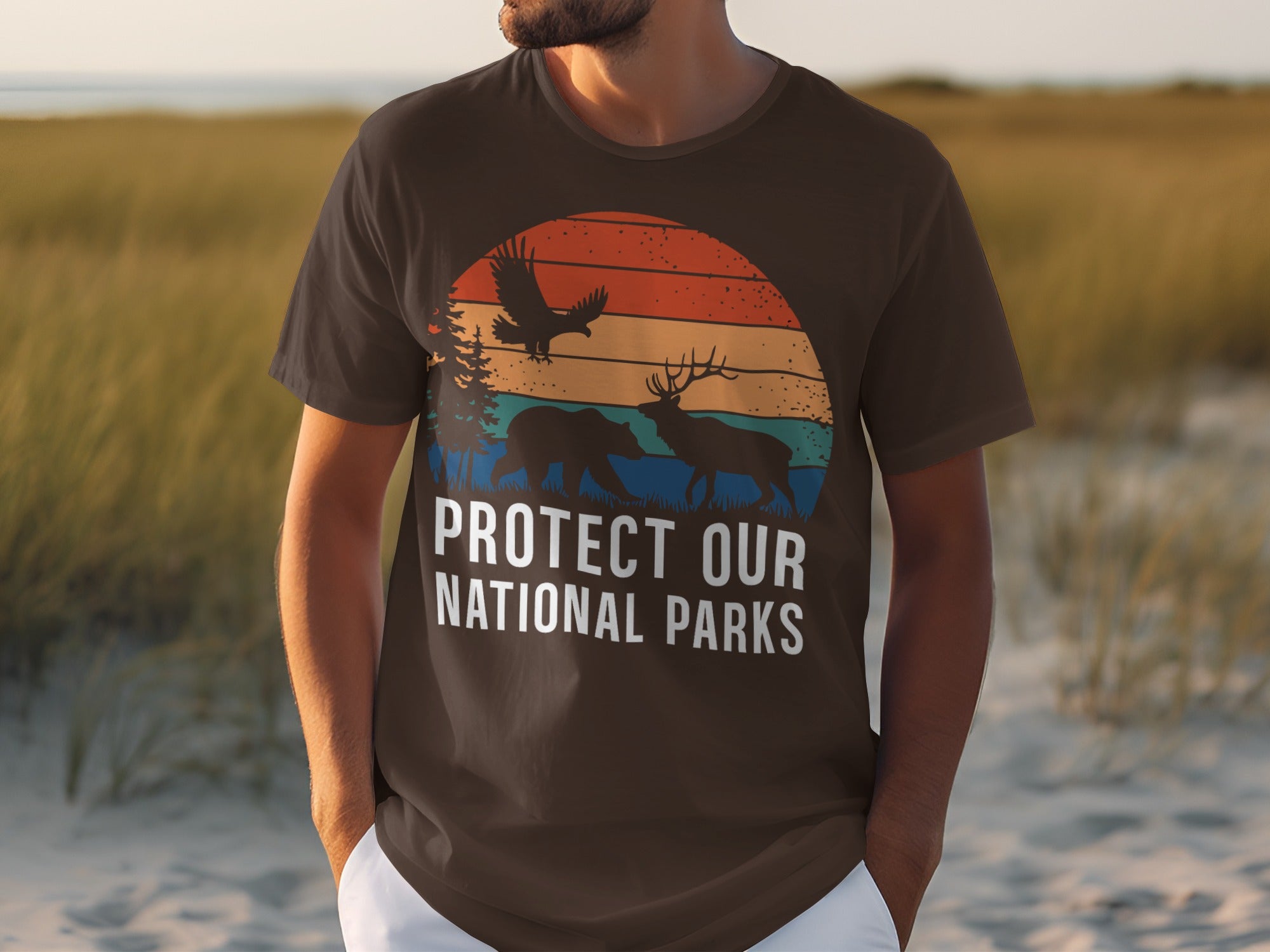 Brown t-shirt with "Protect Our National Parks" text and wildlife graphic.