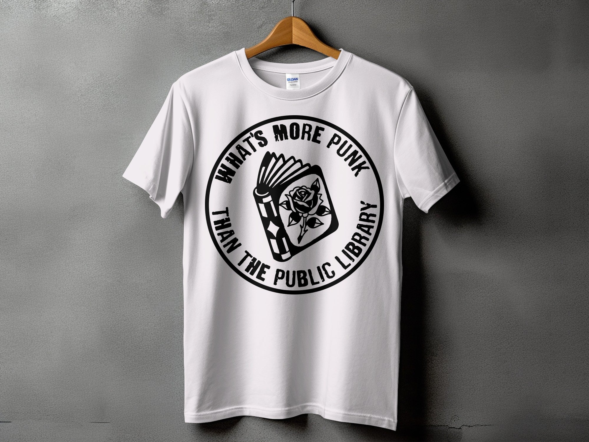 White t-shirt with black circular graphic reading "What's More Punk Than The Public Library".