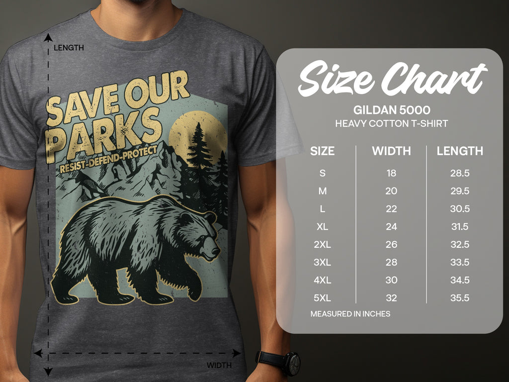 Gildan 5000 t-shirt size chart showing size, width, and length measurements for bear graphic.