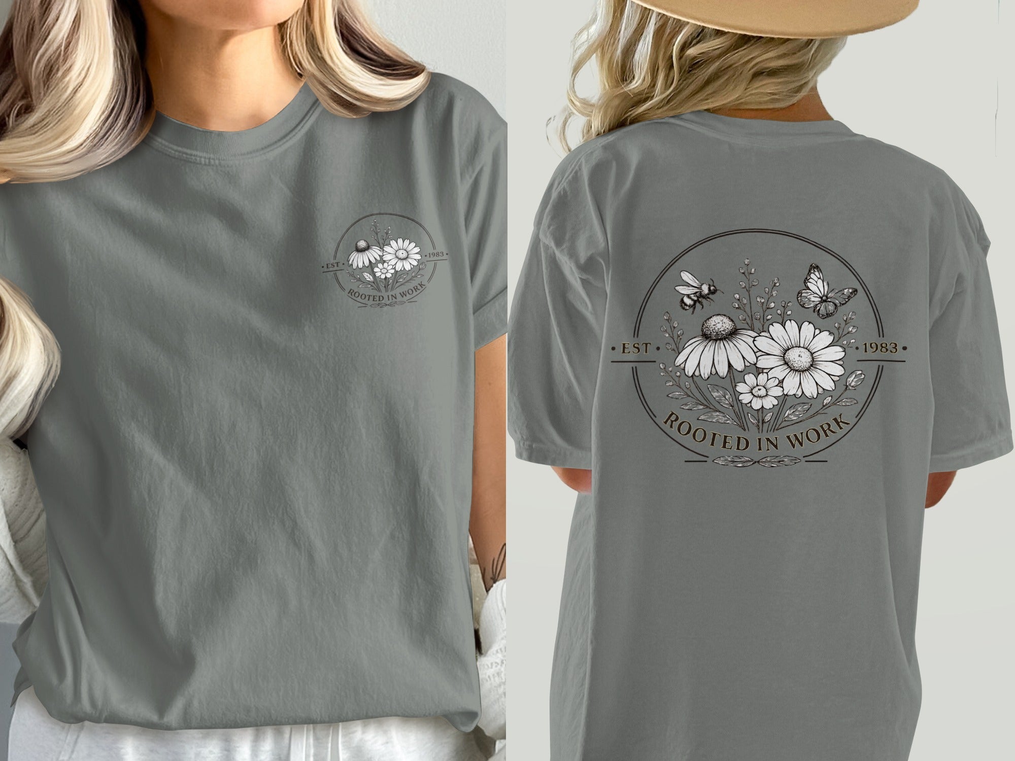 Gray t-shirt with circular "Rooted in Work" floral and insect graphic.