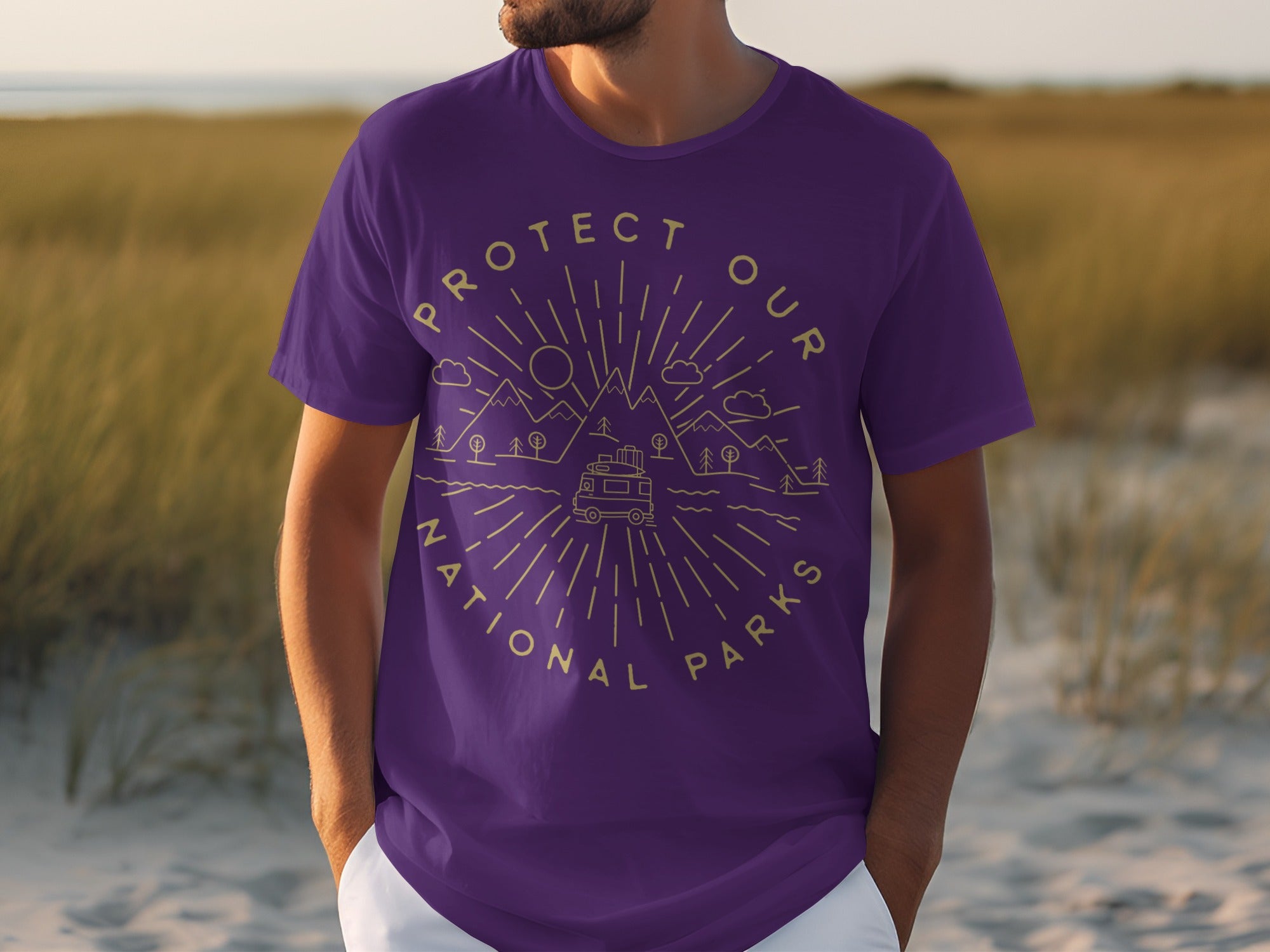 Purple t-shirt with "Protect Our National Parks" text and line art graphic.