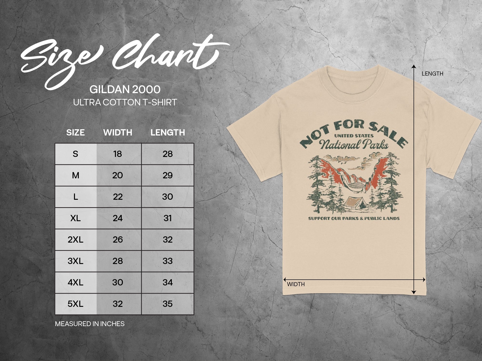 Gildan 2000 Ultra Cotton T-shirt size chart with width and length measurements in inches.