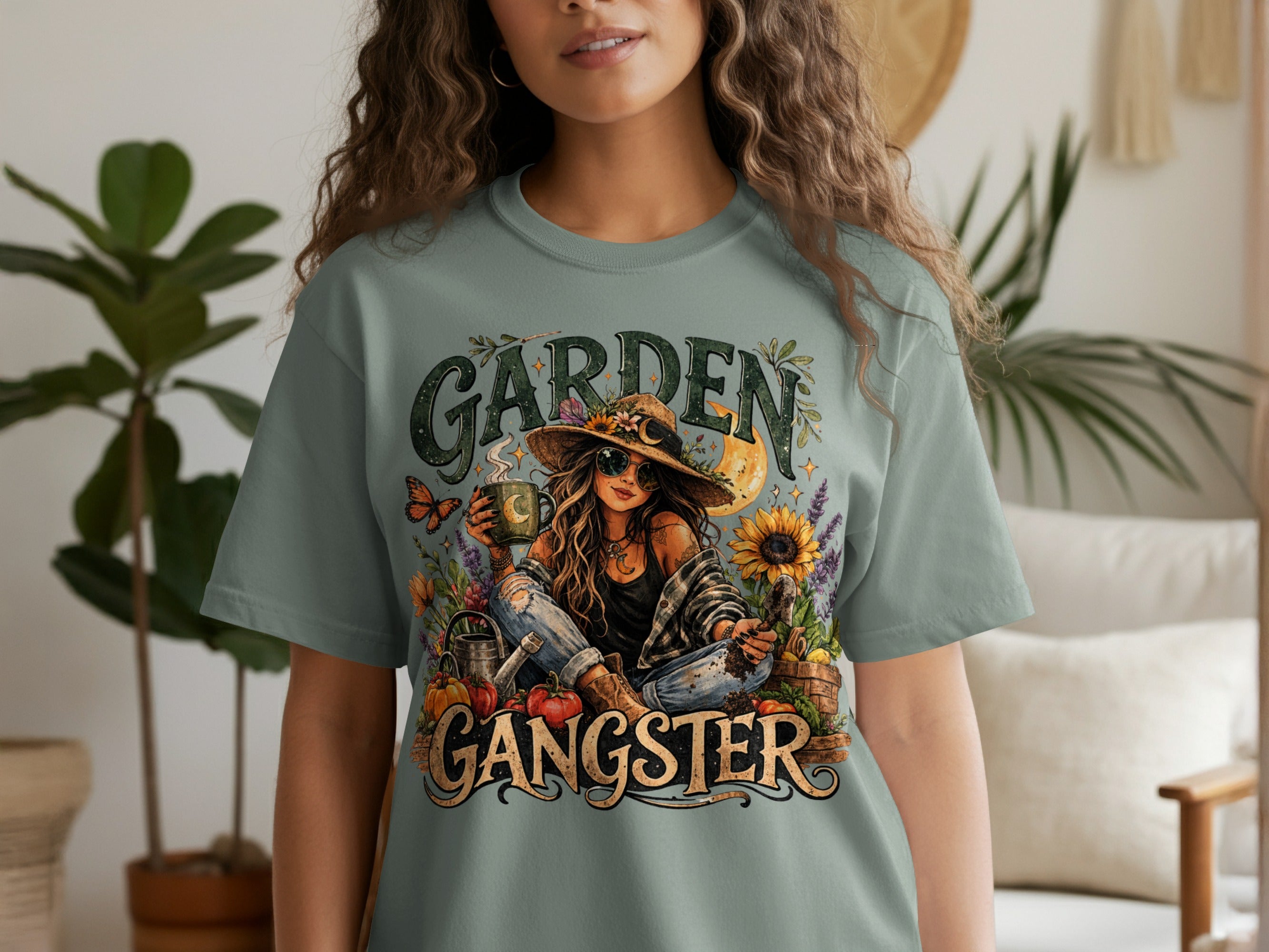 "Garden Gangster" graphic on a t-shirt featuring a woman with a hat and sunglasses holding a mug.