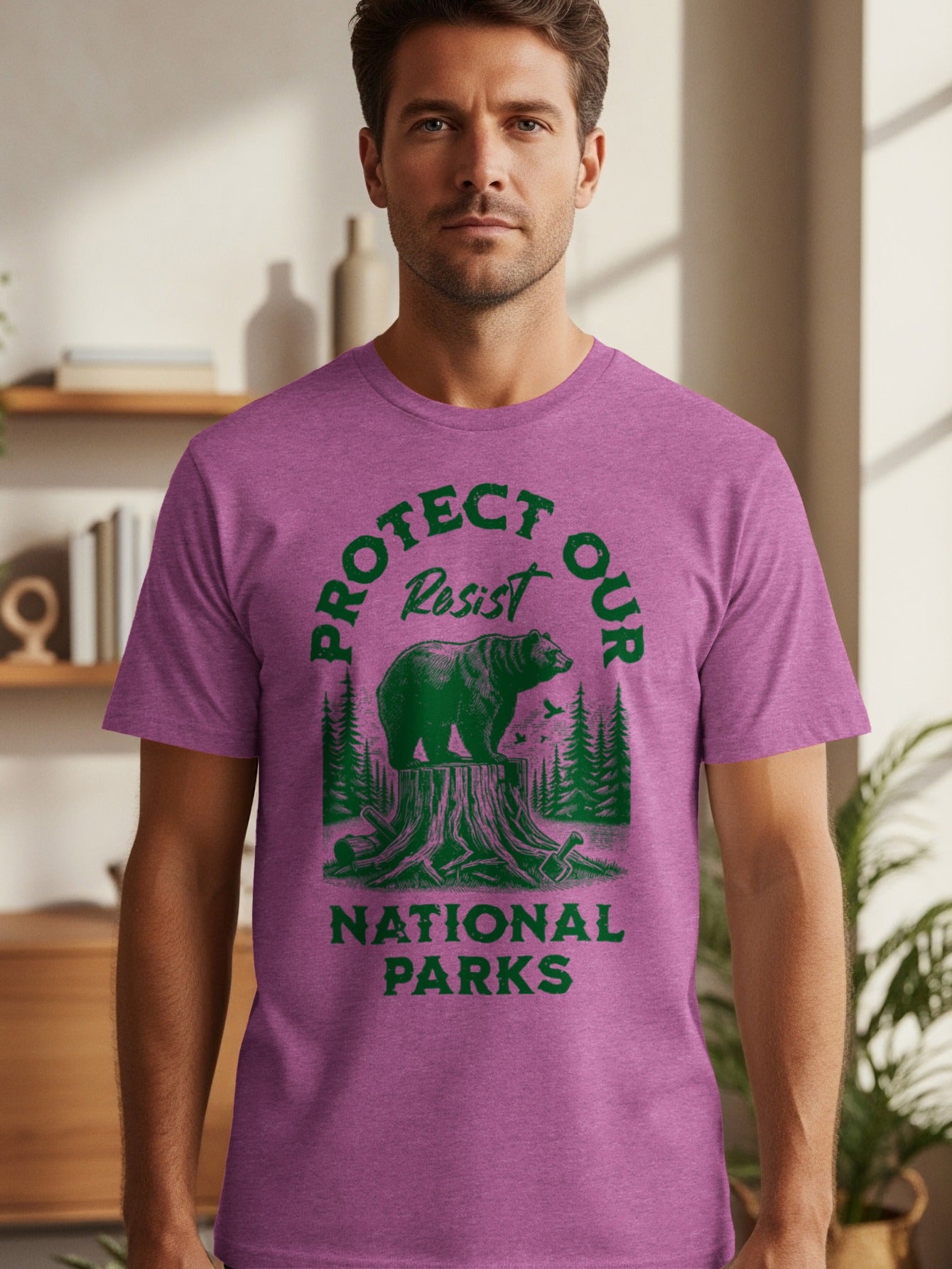 Purple t-shirt with green graphic: "Protect Our National Parks" with bear and trees.