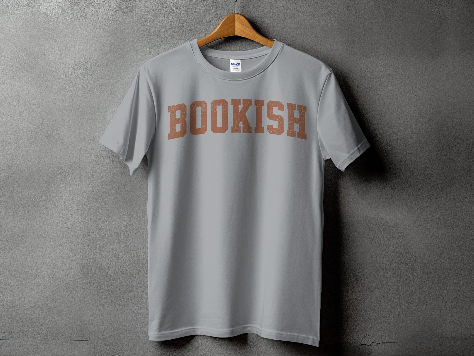 Grey t-shirt with "BOOKISH" in distressed copper lettering.
