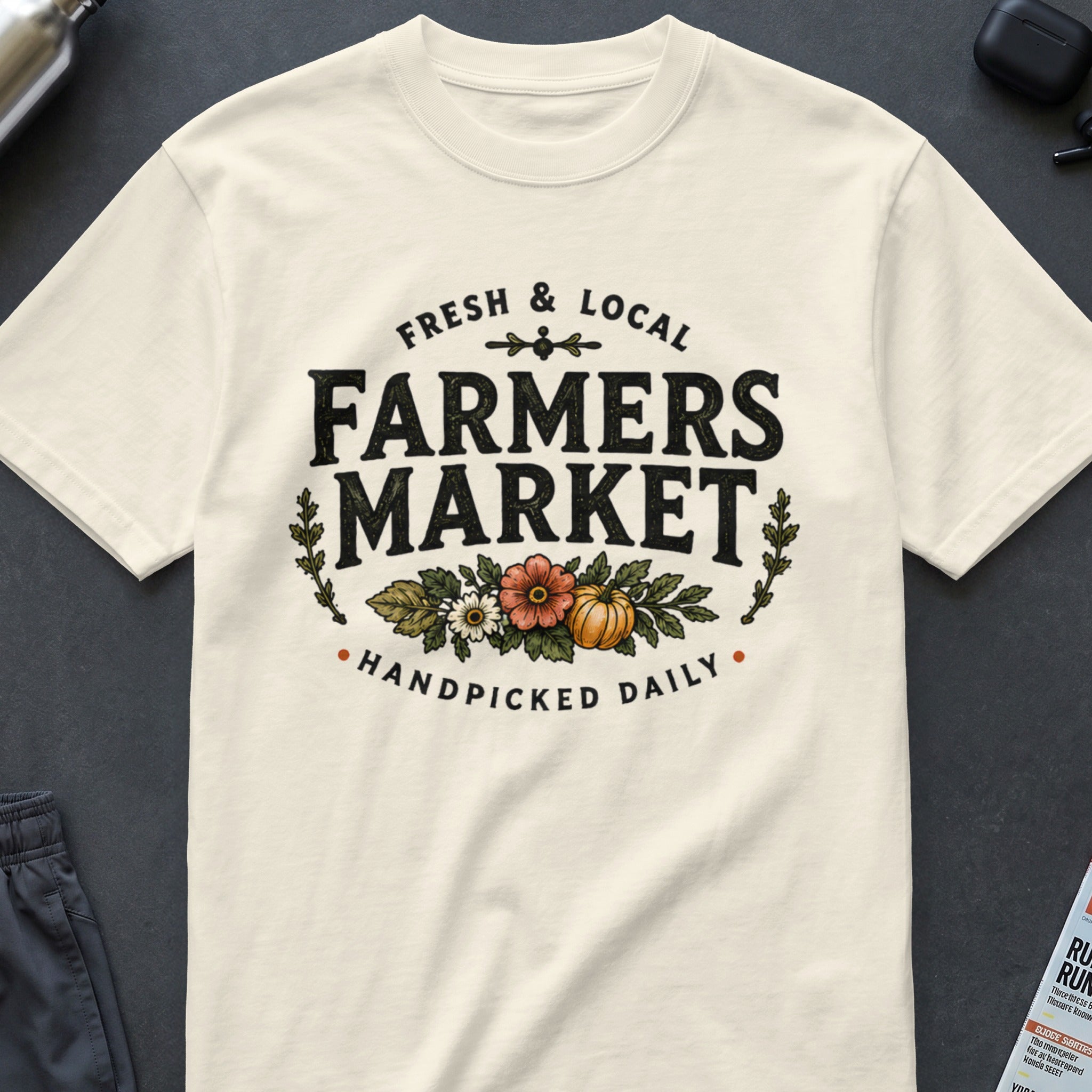 Cream t-shirt with "Fresh & Local Farmers Market Handpicked Daily" text and floral design.