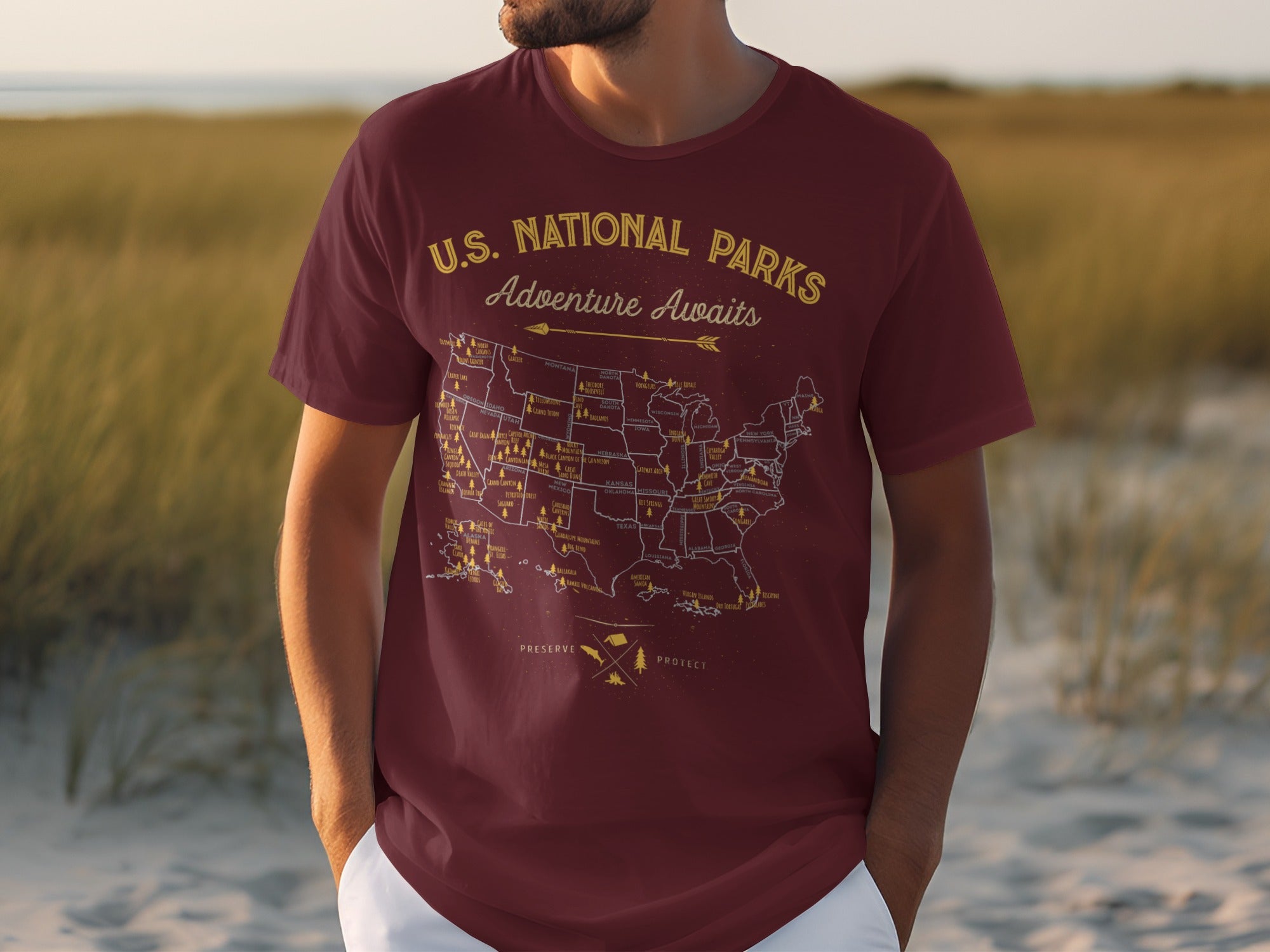 Maroon t-shirt with U.S. National Parks map and "Adventure Awaits" text.