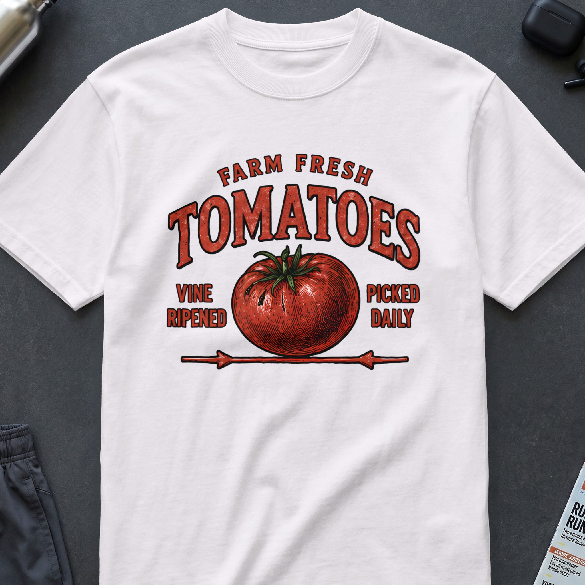 White t-shirt with distressed "Farm Fresh Tomatoes" graphic, features a tomato illustration.