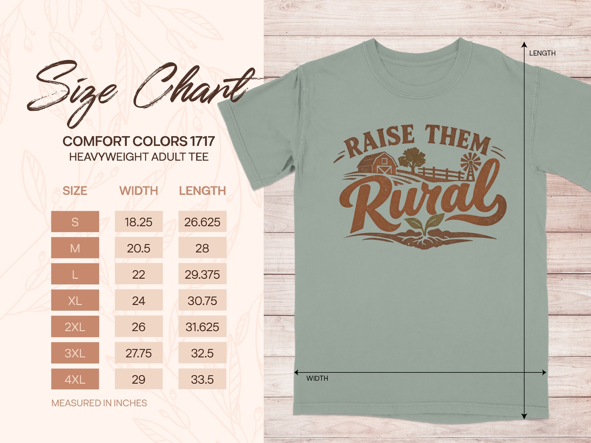 Size chart for Comfort Colors 1717 heavyweight adult tee with "Raise Them Rural" graphic.