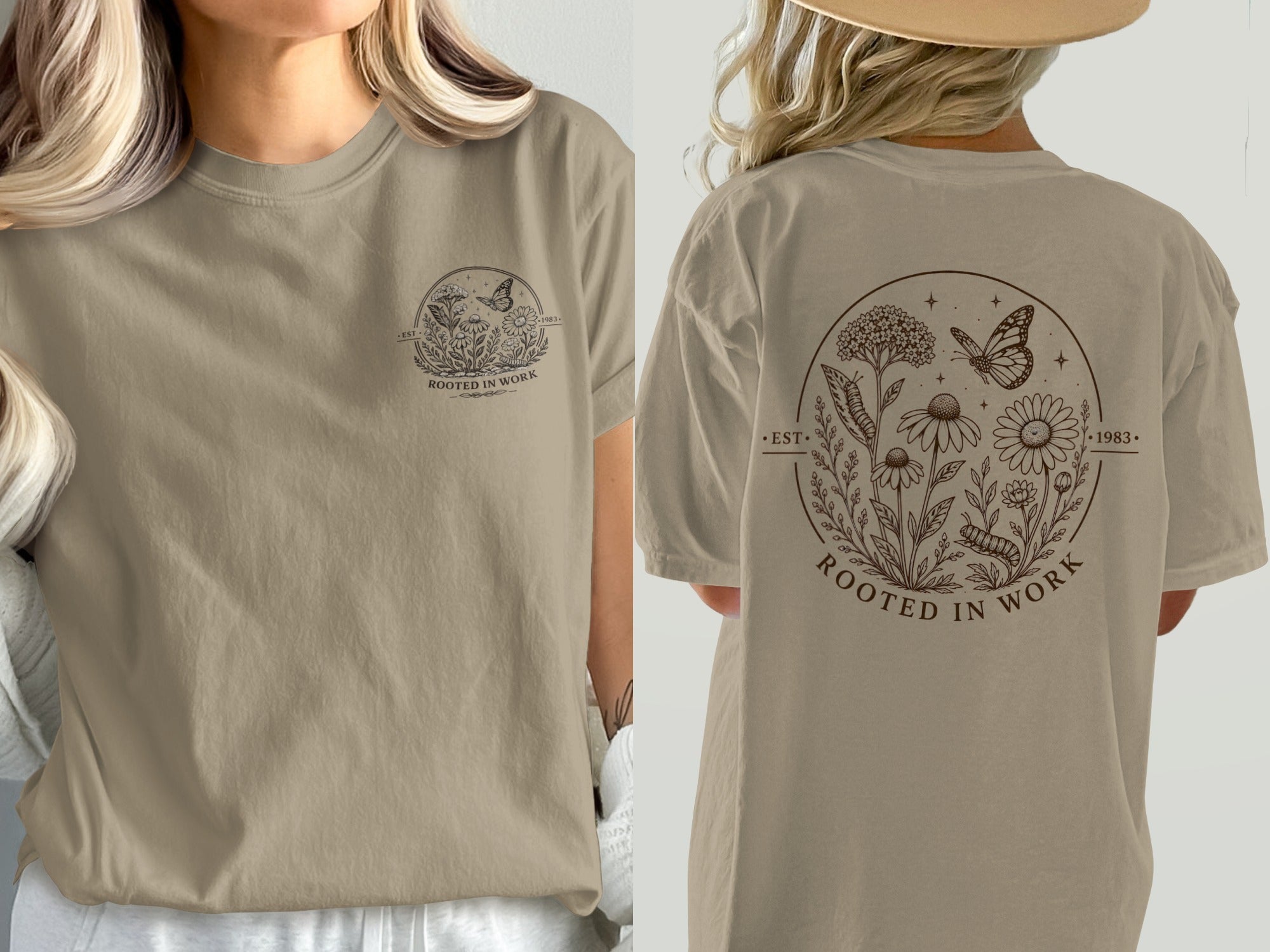 Tan t-shirt with a circular floral graphic featuring a butterfly and "Rooted in Work" text.