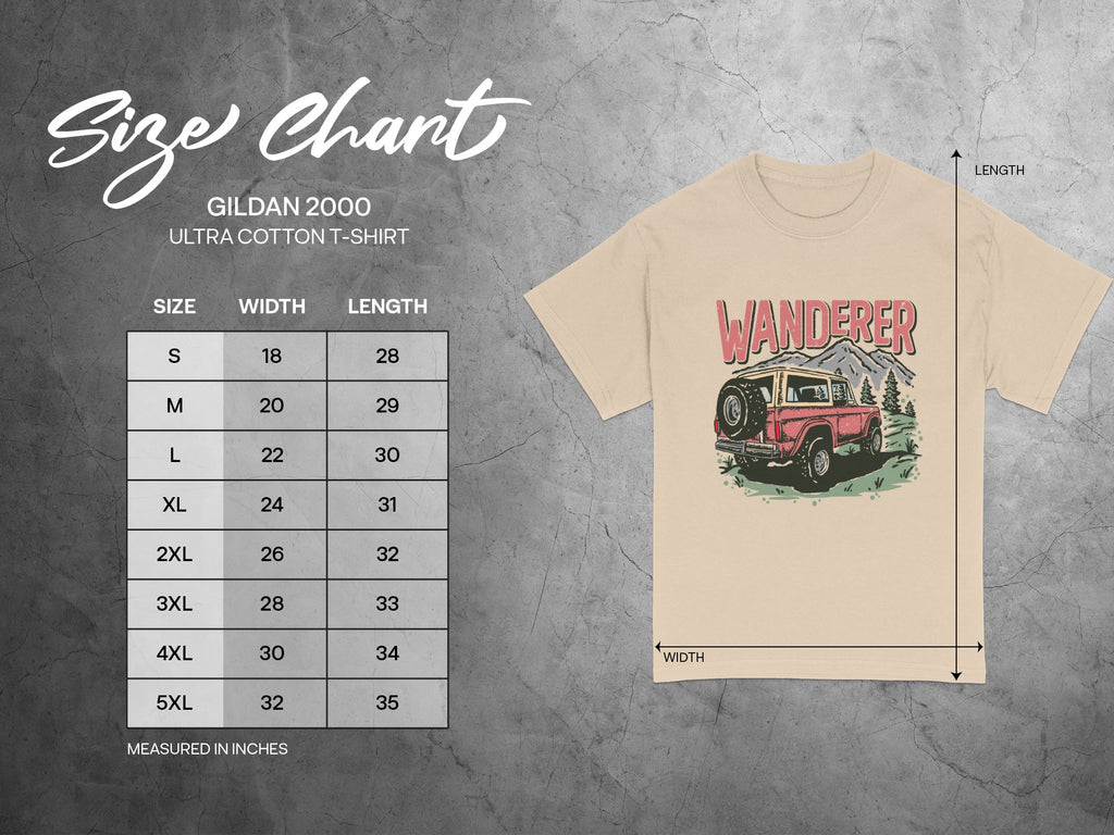 Gildan 2000 Ultra Cotton T-shirt size chart with width and length measurements in inches.