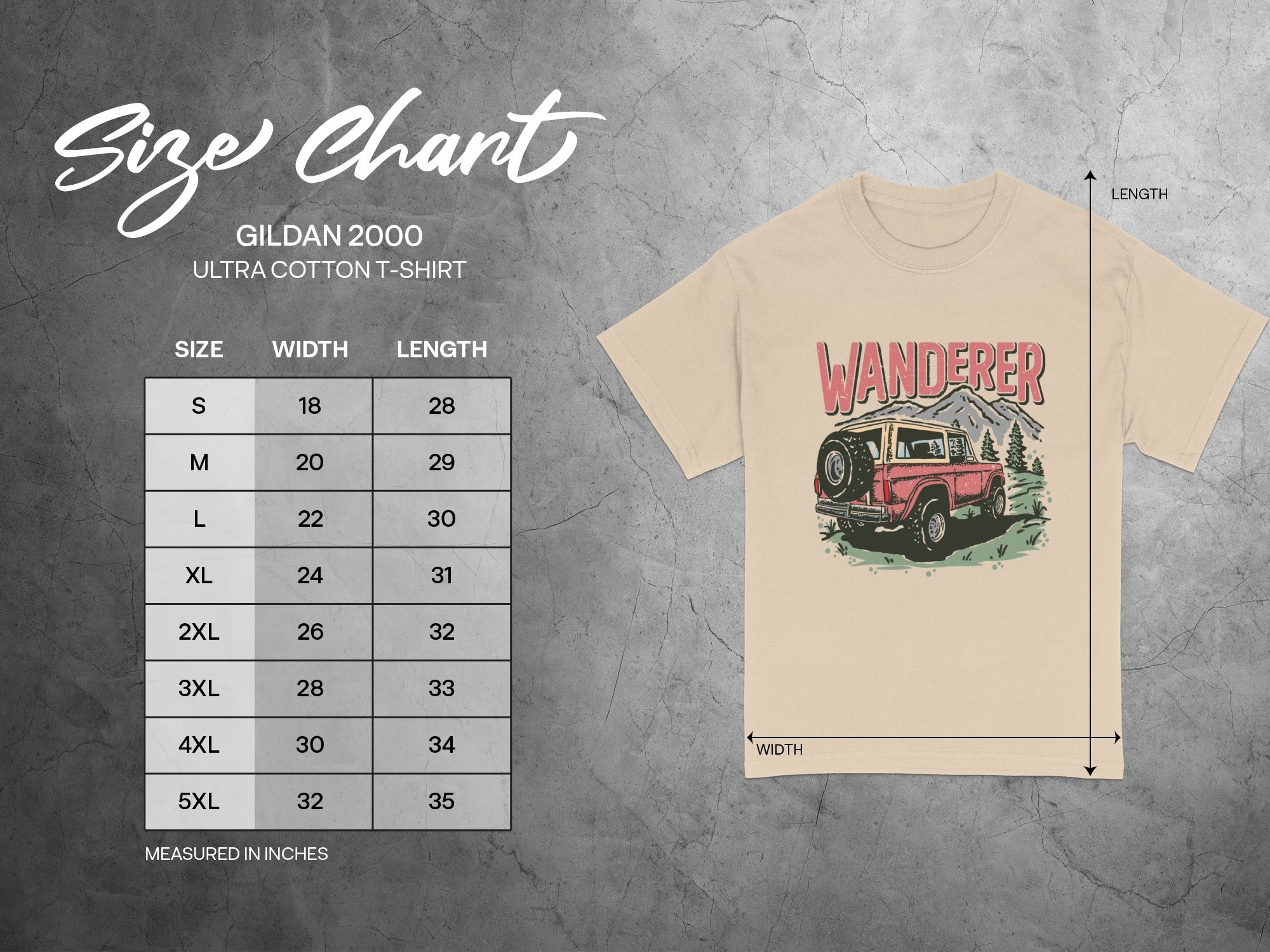 Gildan 2000 Ultra Cotton T-shirt size chart with width and length measurements in inches.