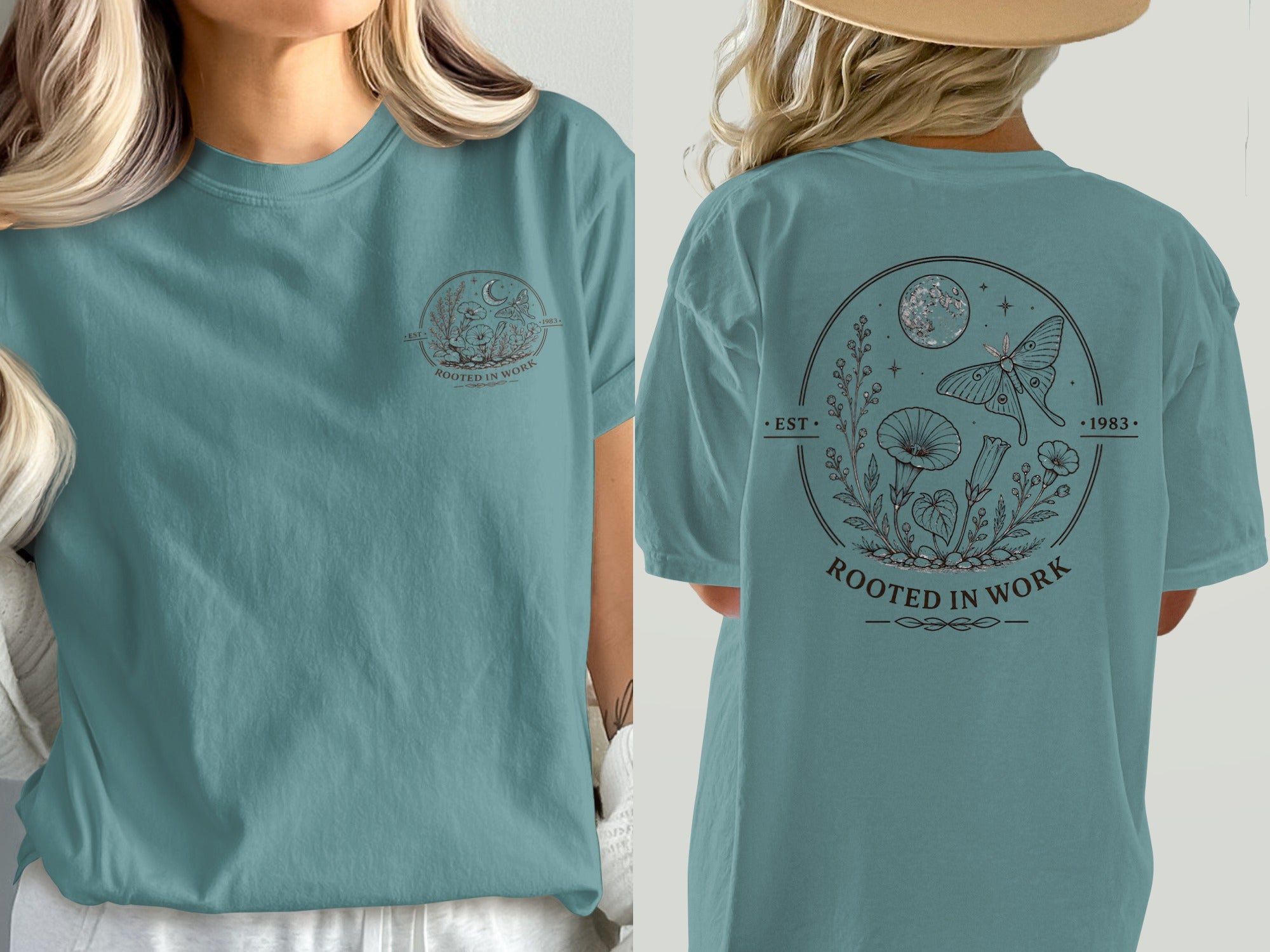 Teal t-shirt with "ROOTED IN WORK" and botanical design featuring moon and moth.