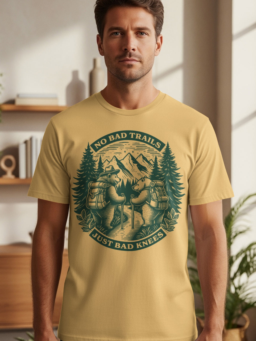Two bears hiking with backpacks and trekking poles, text "No Bad Trails Just Bad Knees".