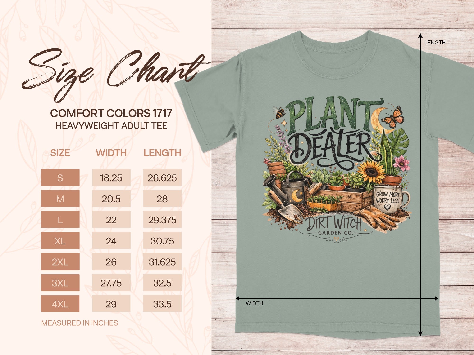 Size chart for a green t-shirt with "Plant Dealer" and gardening graphics.