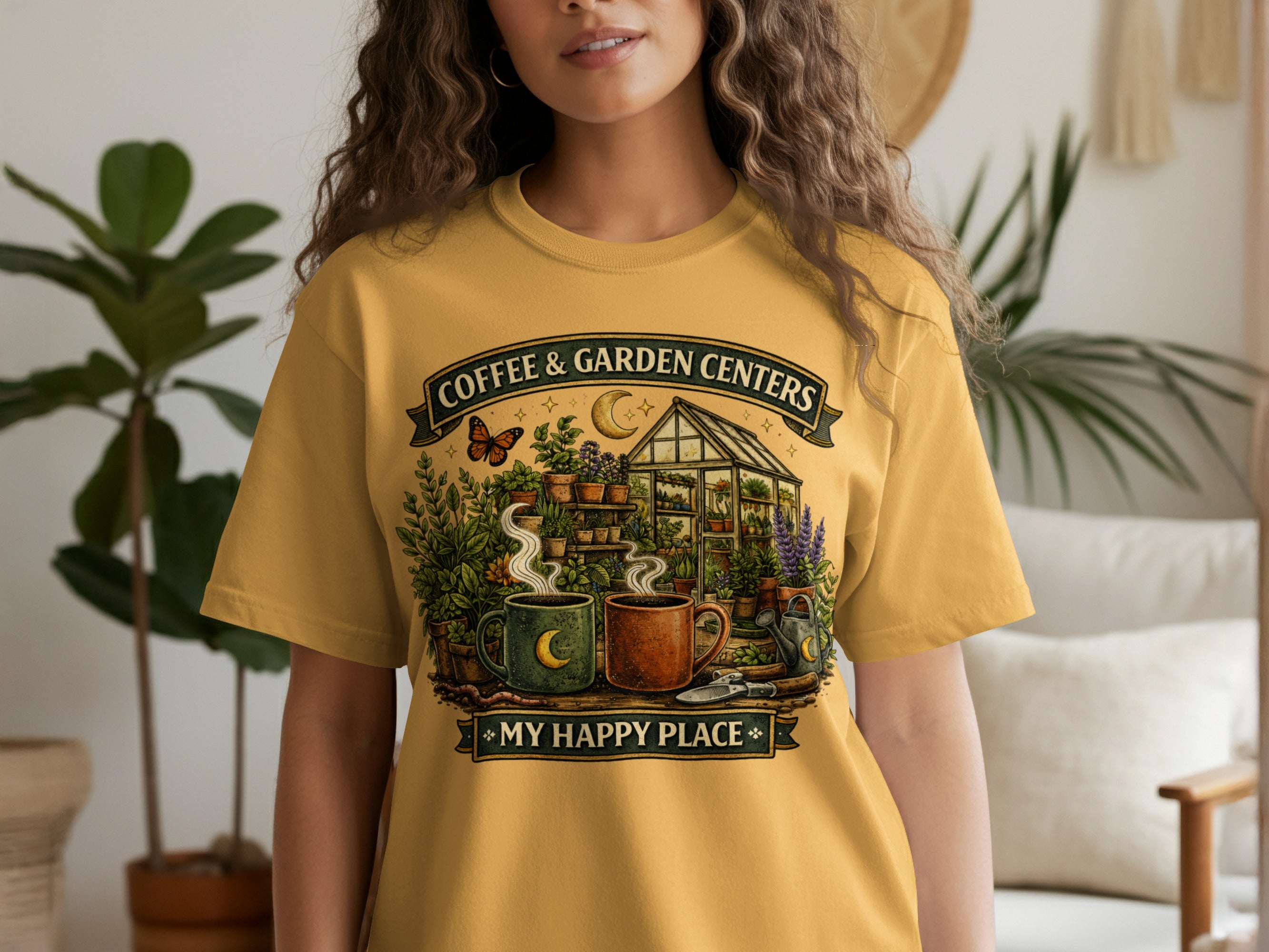 T-shirt with "Coffee & Garden Centers My Happy Place" text art.