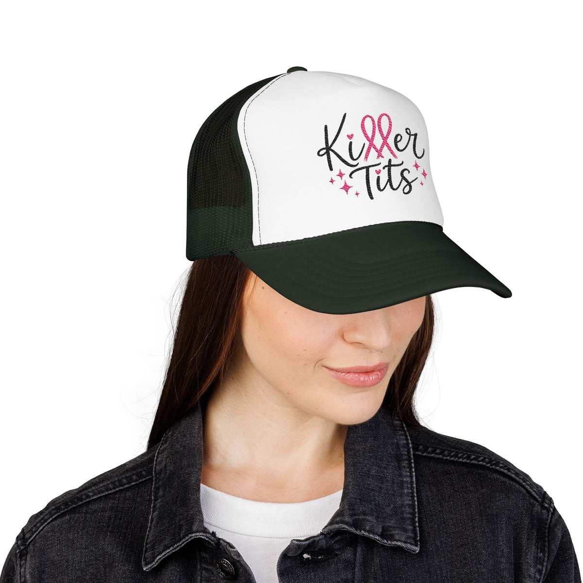 Trucker hat with "Killer Tits" text and pink ribbon graphic.