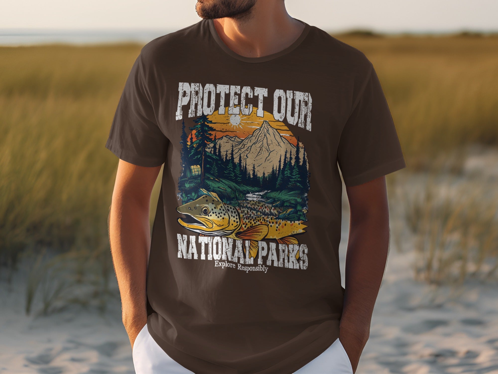 Brown t-shirt with "Protect Our National Parks" graphic featuring a trout and mountains.