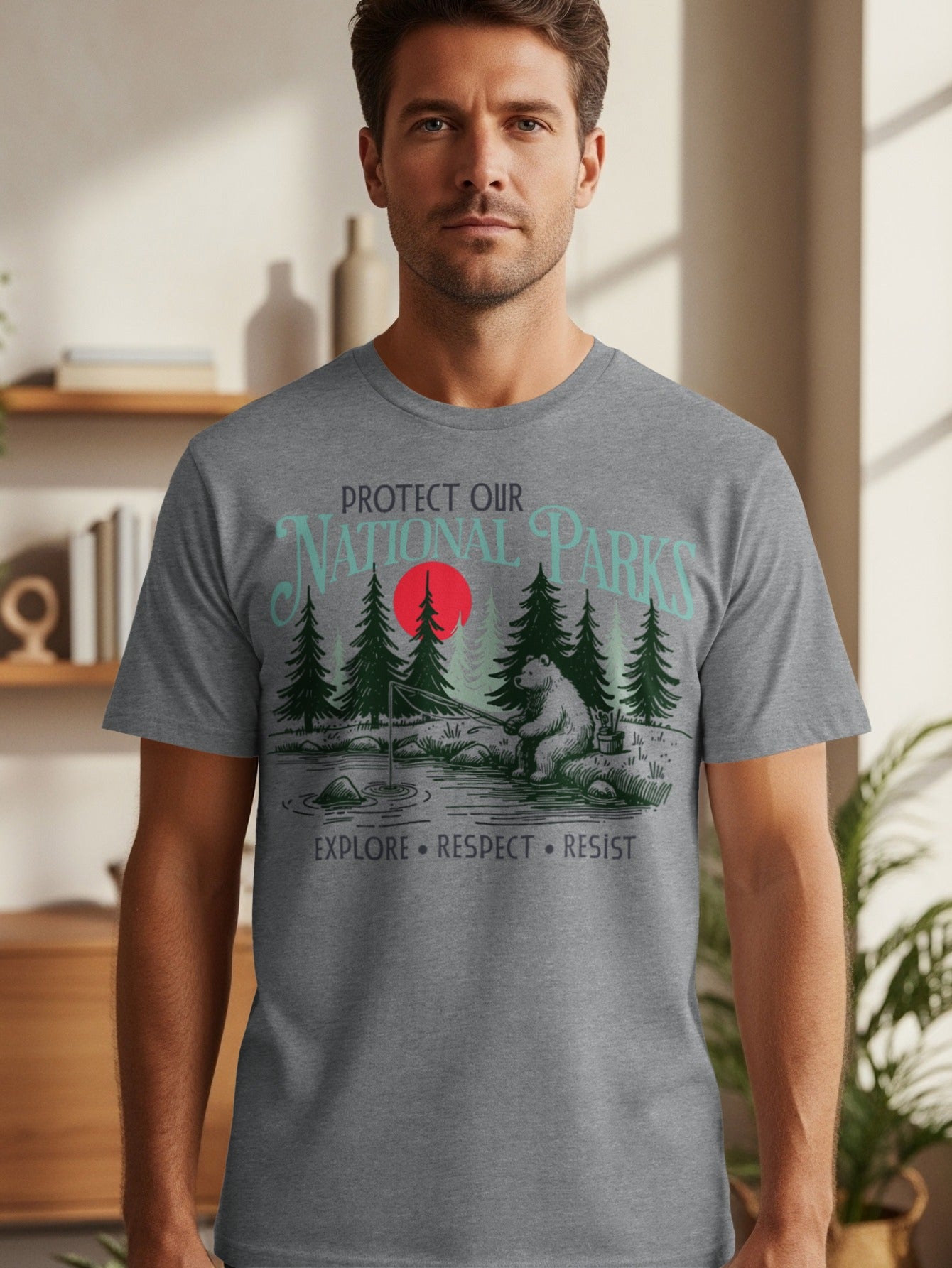 Gray t-shirt with "Protect Our National Parks" text and bear fishing graphic.