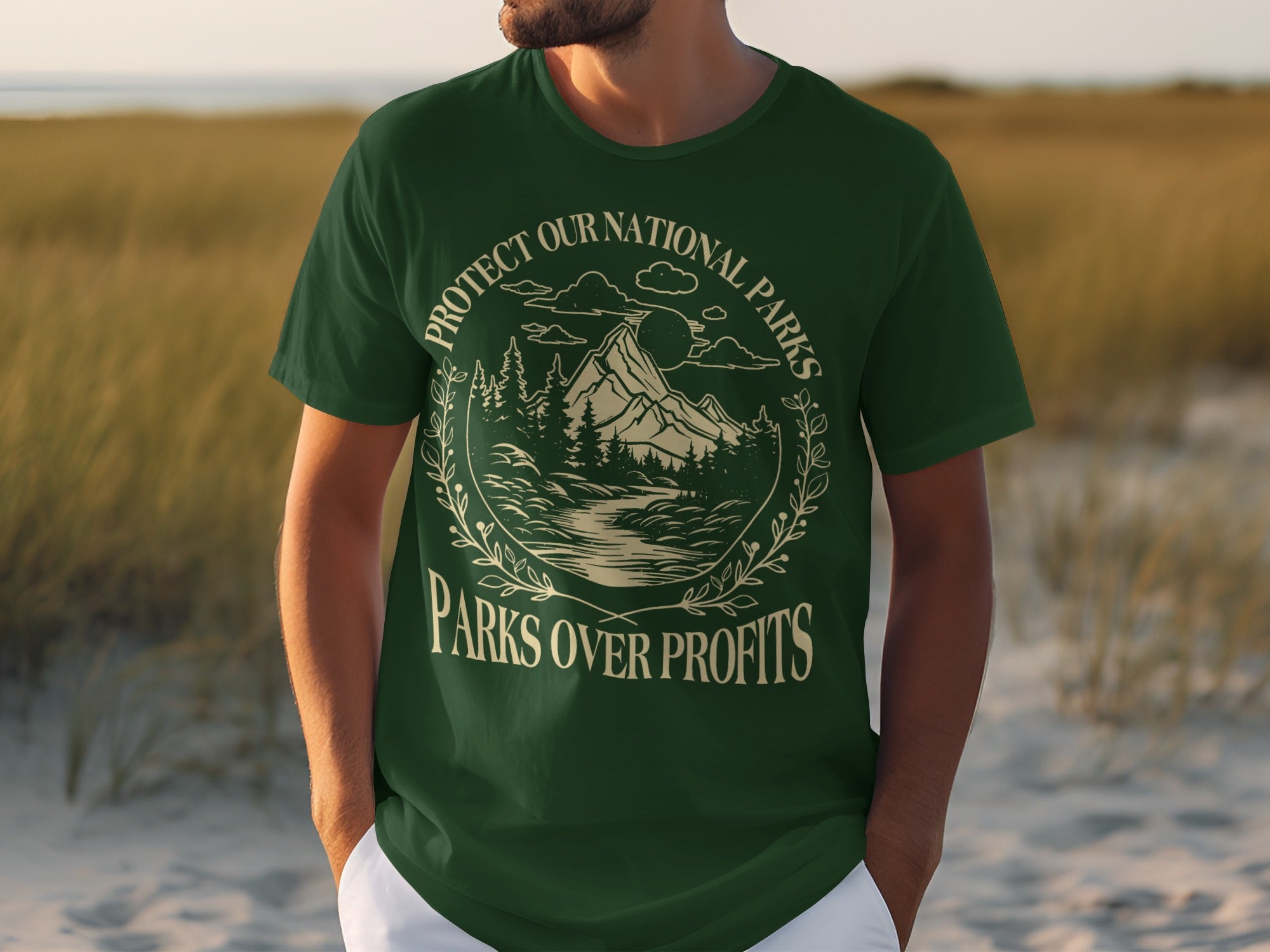 Green t-shirt with "Protect Our National Parks" and "Parks Over Profits" text.