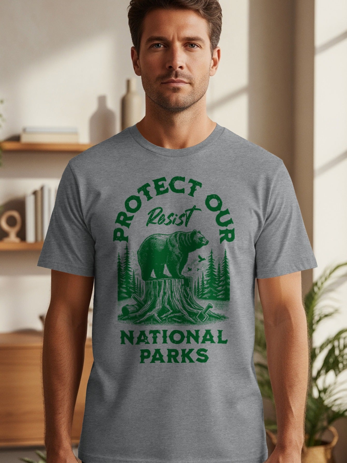 T-shirt with green text "Protect Our Resist National Parks" and bear graphic.