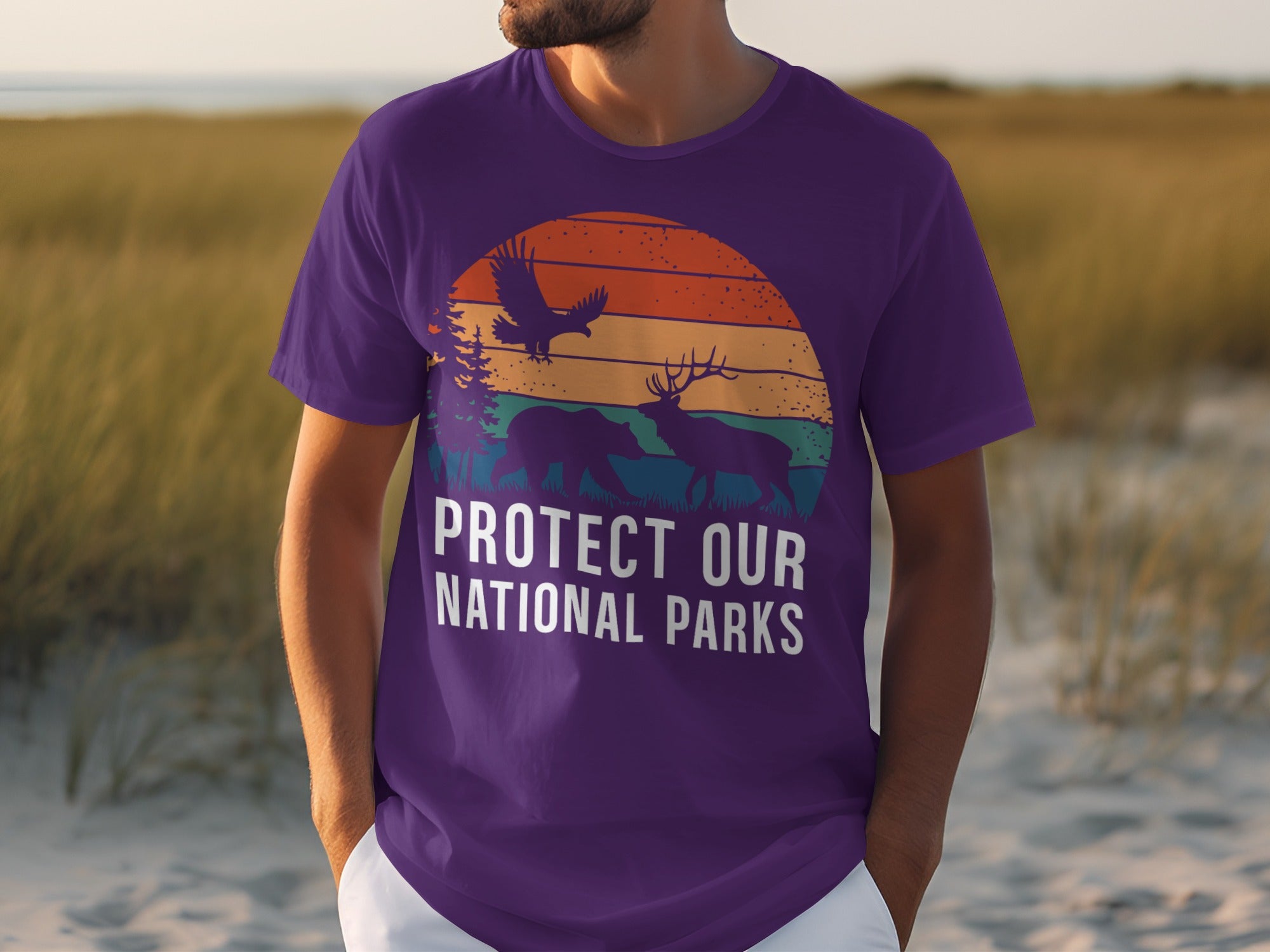 Purple t-shirt with "Protect Our National Parks" text and wildlife graphic.