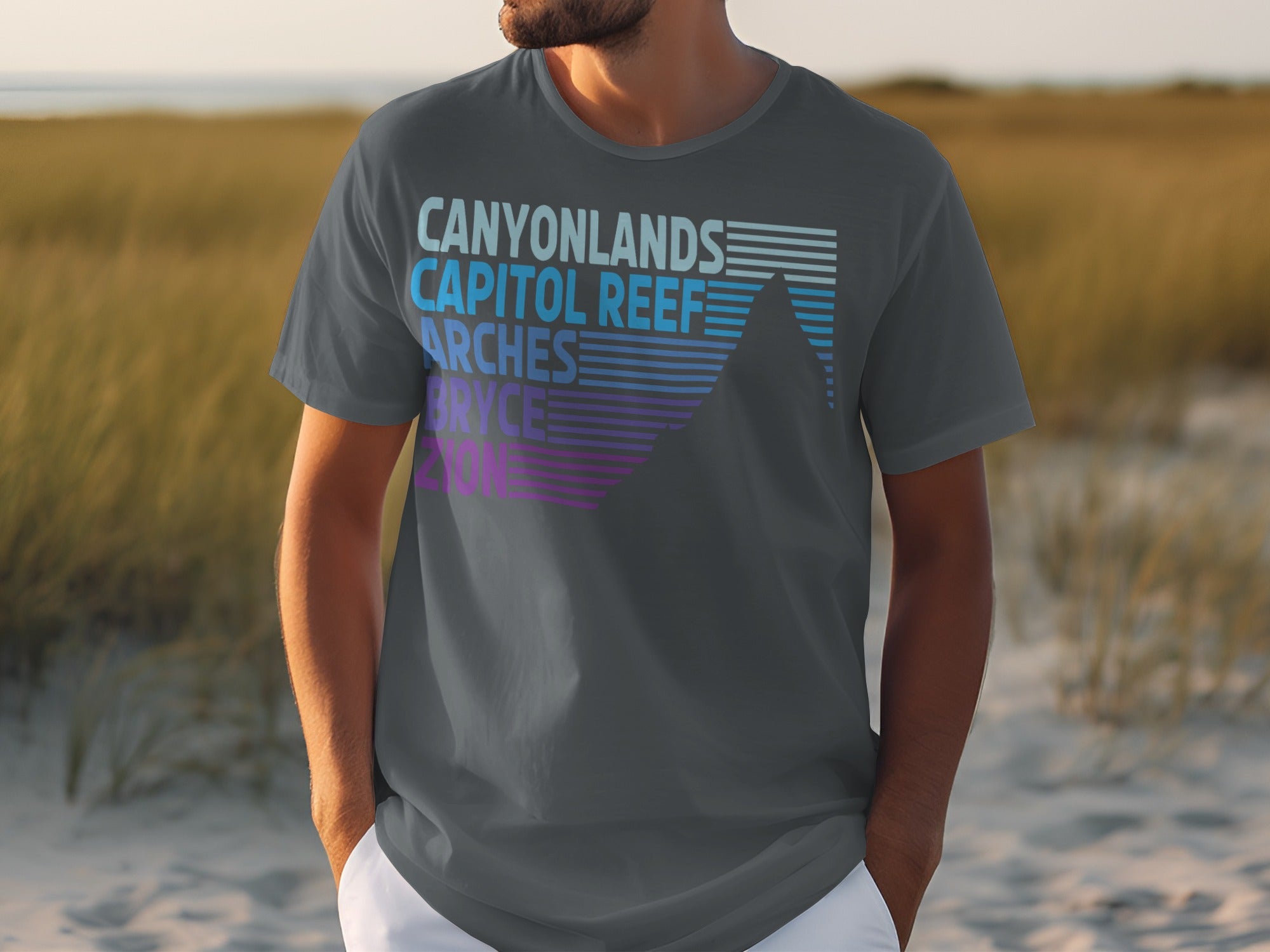 Dark gray t-shirt with "Canyonlands, Capitol Reef, Arches, Bryce, Zion" text and mountain graphic.