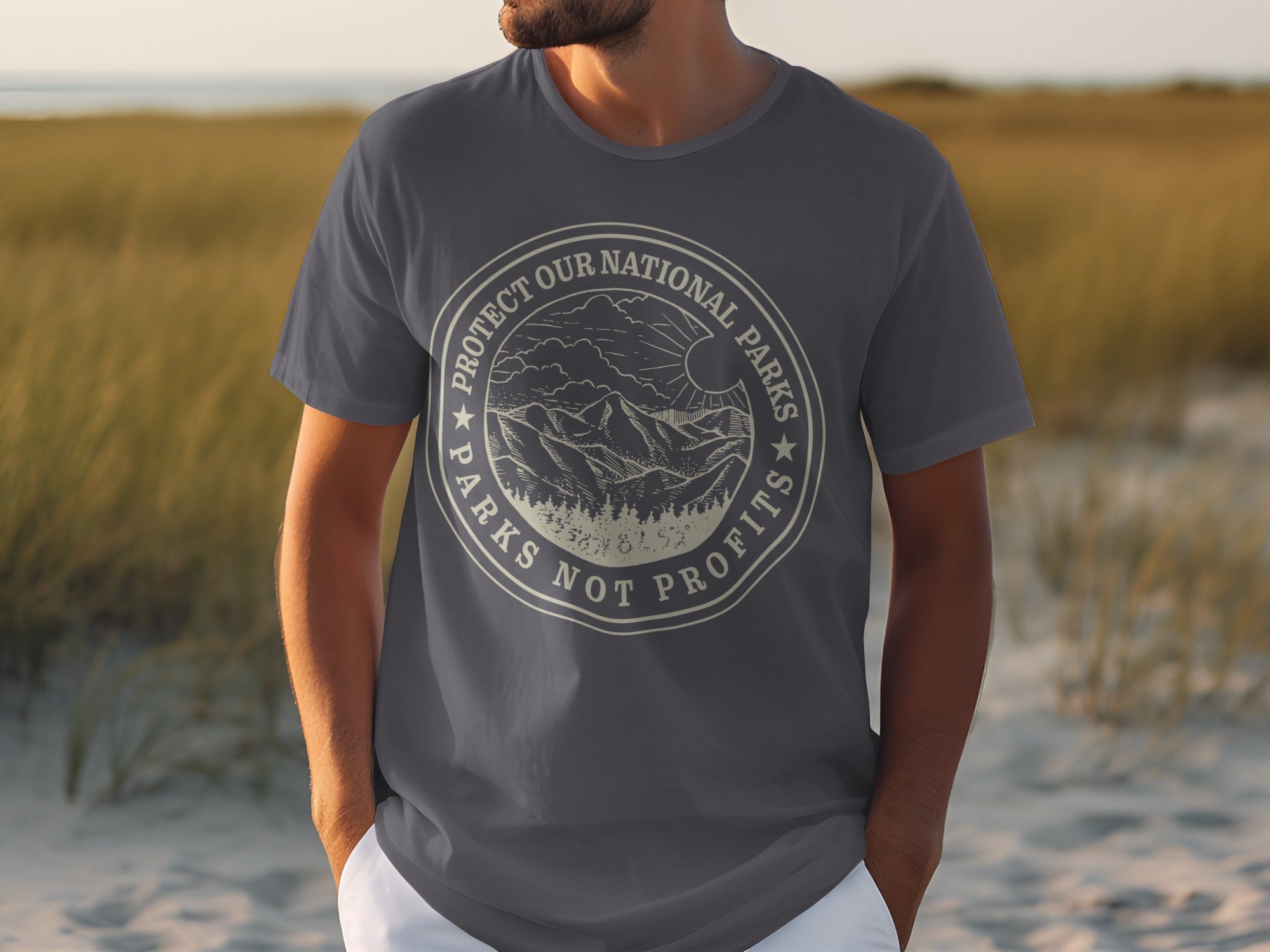Grey t-shirt with "Protect our National Parks, Parks Not Profits" text and mountain scene emblem.