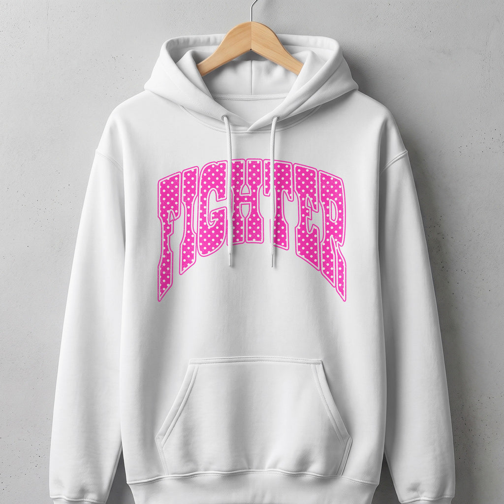 White hoodie with pink polka dot text reading "FIGHTER" across the chest.