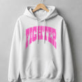 White hoodie with pink polka dot text reading "FIGHTER" across the chest.