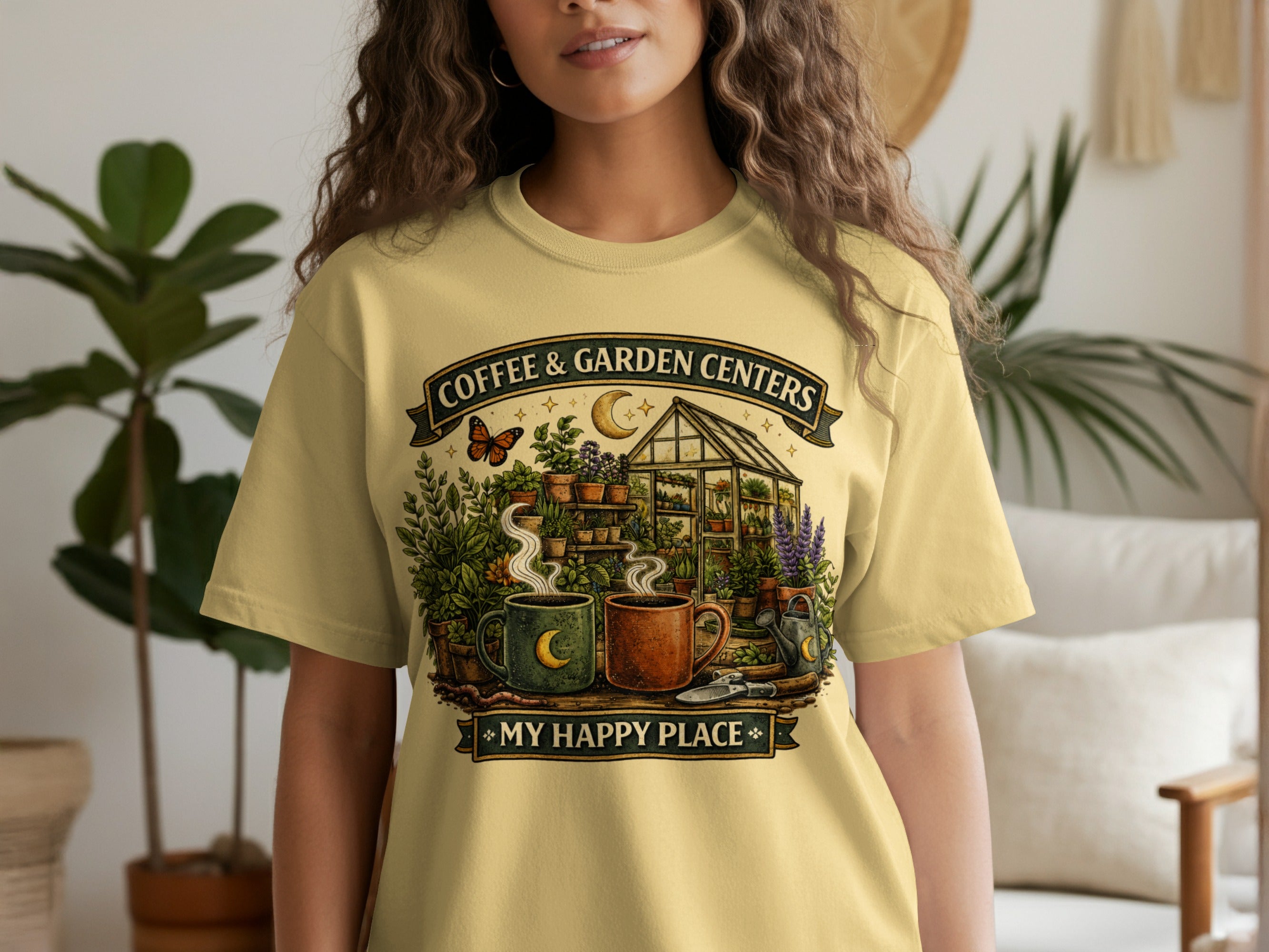 Graphic on yellow t-shirt with text: Coffee & Garden Centers, My Happy Place.