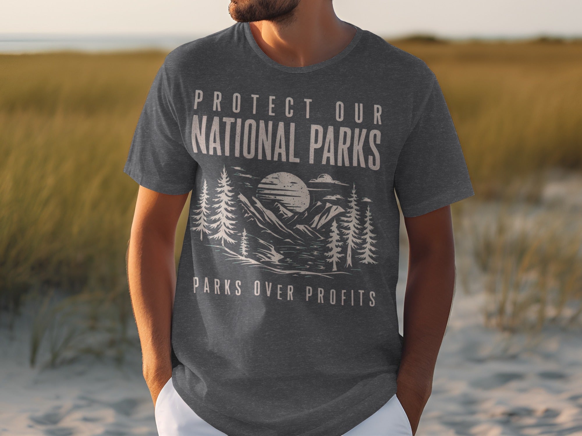 Dark grey t-shirt with "Protect Our National Parks Parks Over Profits" text and landscape graphic.