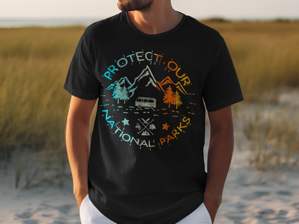 Black t-shirt with "Protect Our National Parks" circular graphic featuring mountains, trees, and a camper van.