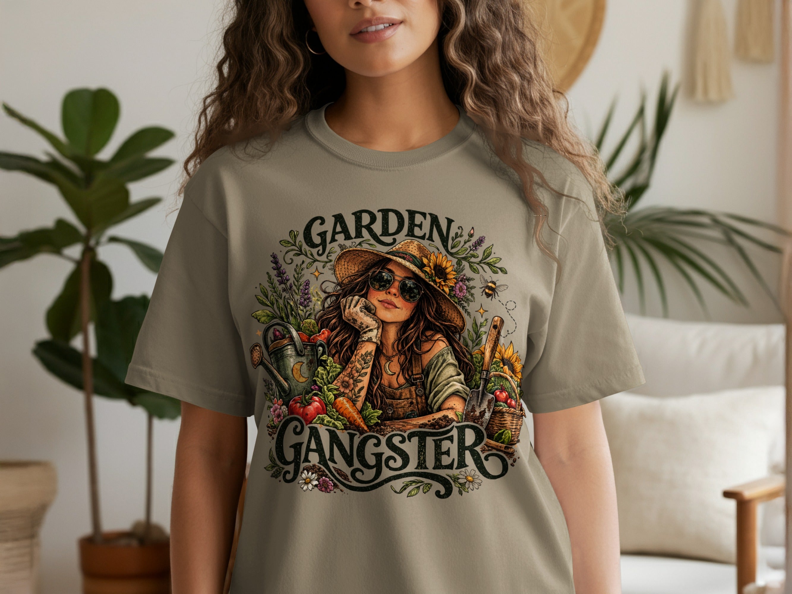 T-shirt with "Garden Gangster" text and gardening illustration.