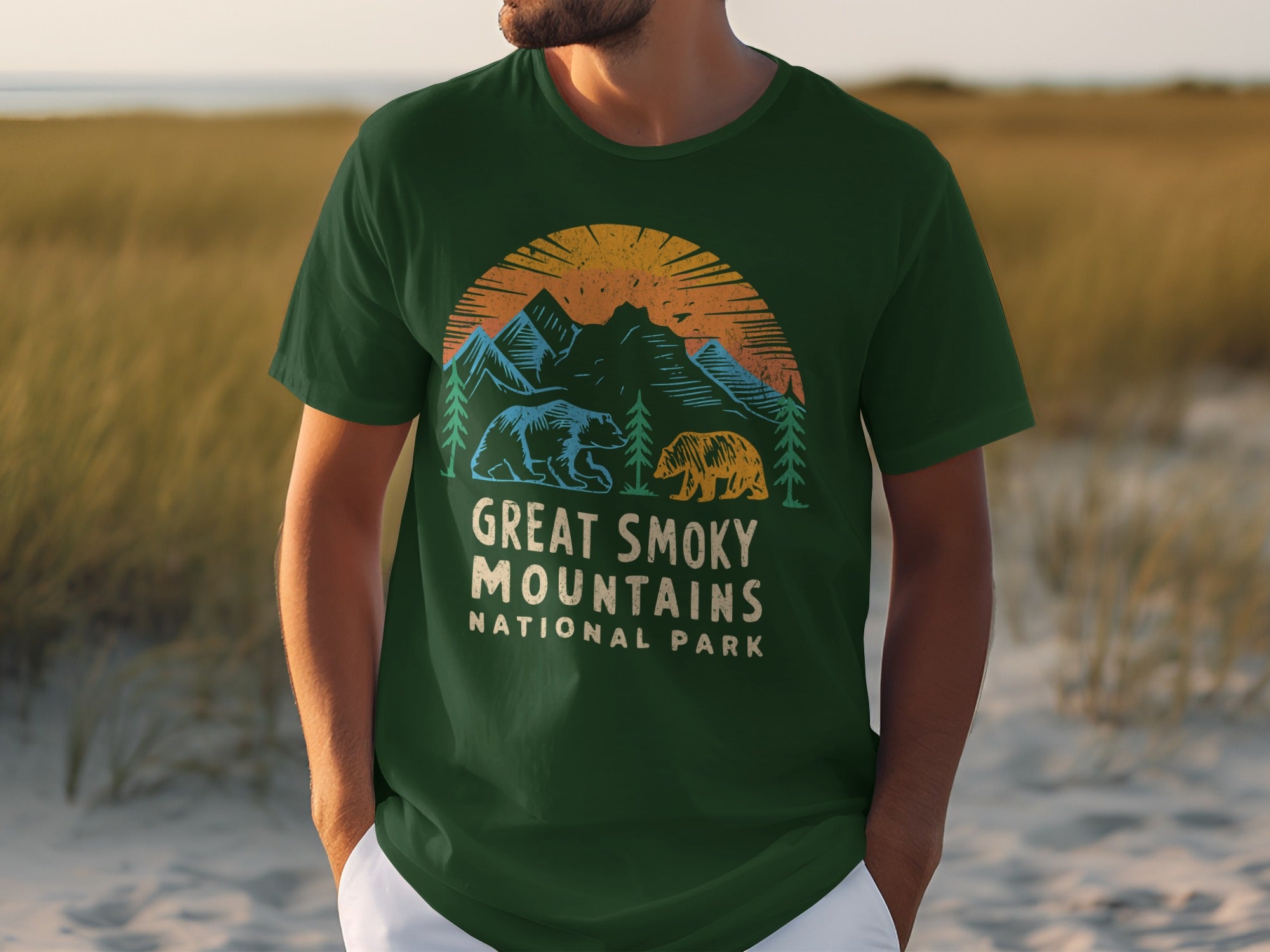 Green t-shirt with distressed mountains, bears, trees, and "Great Smoky Mountains National Park" text.