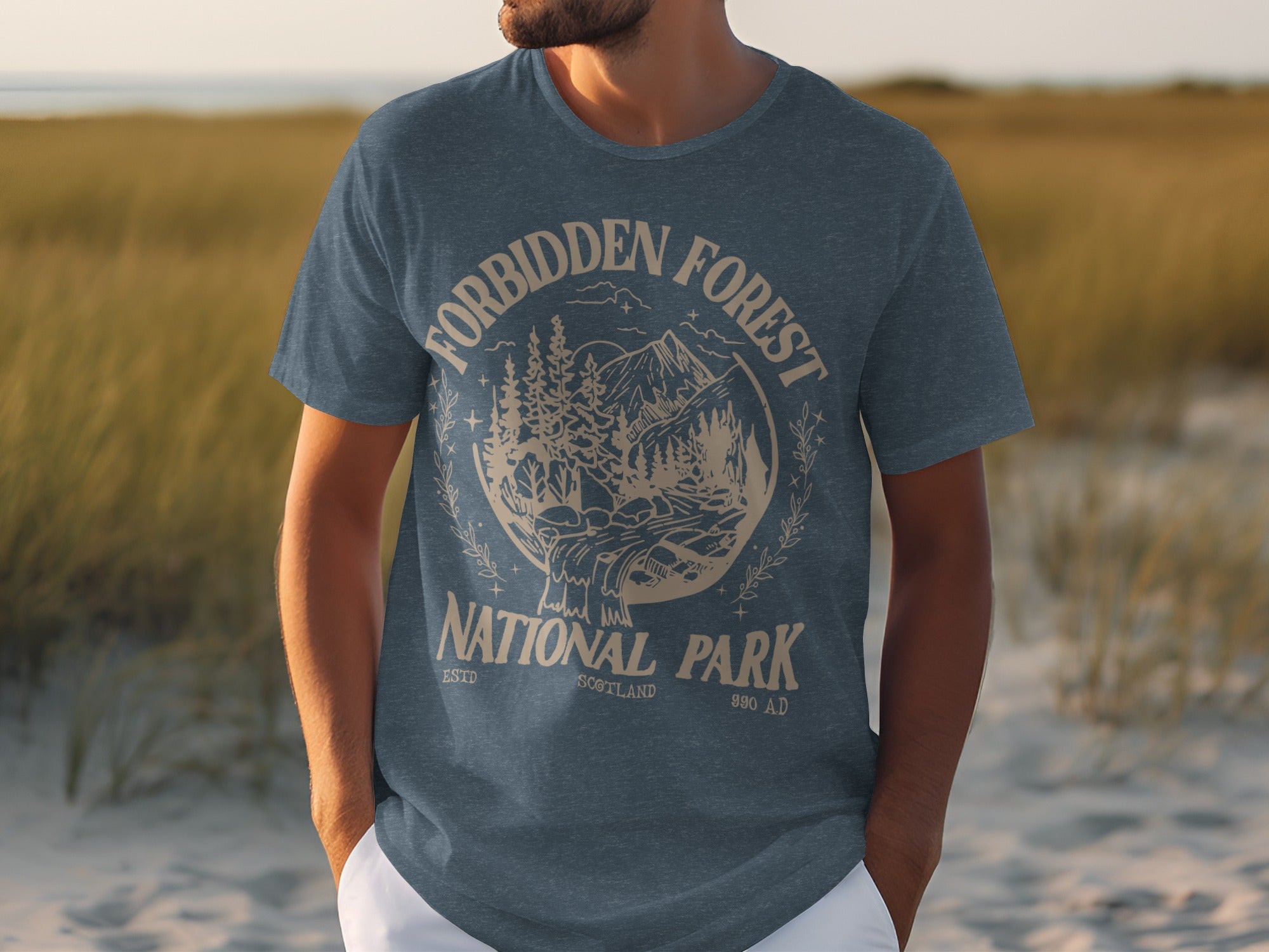 T-shirt with "Forbidden Forest National Park Scotland 890 AD" graphic print.