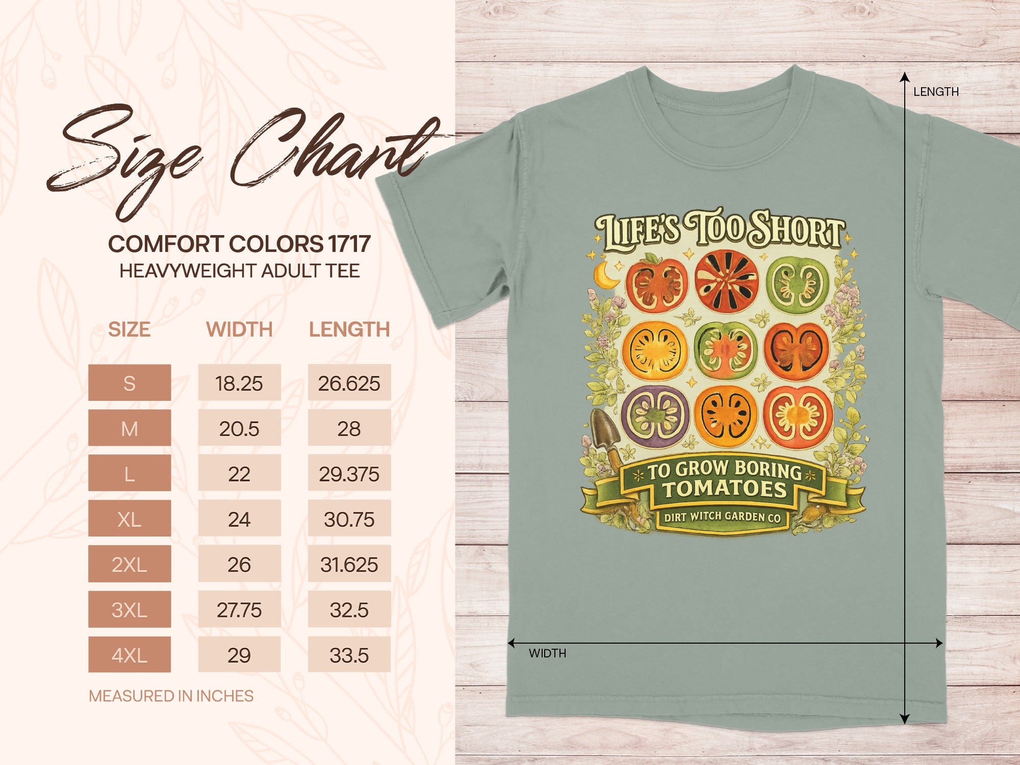 Size chart for Comfort Colors 1717 heavyweight adult tee with tomato graphic.
