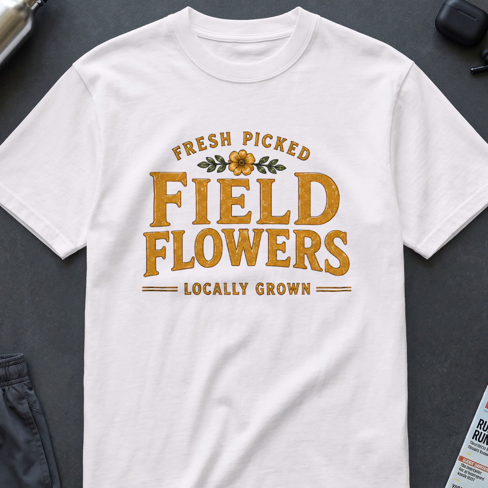 White t-shirt with retro text "Fresh Picked Field Flowers Locally Grown".