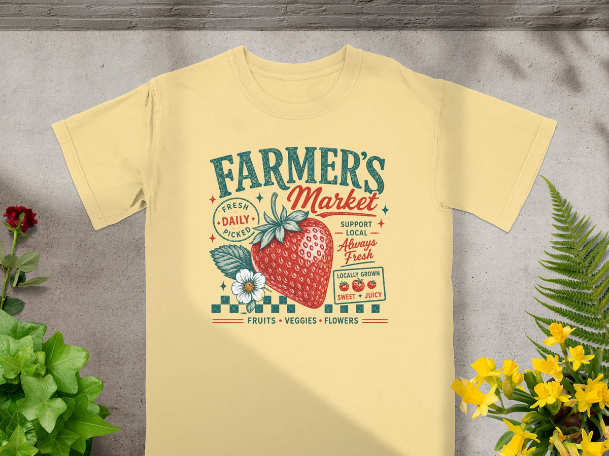 Yellow t-shirt with "Farmer's Market" graphic featuring a strawberry, flower, and text.