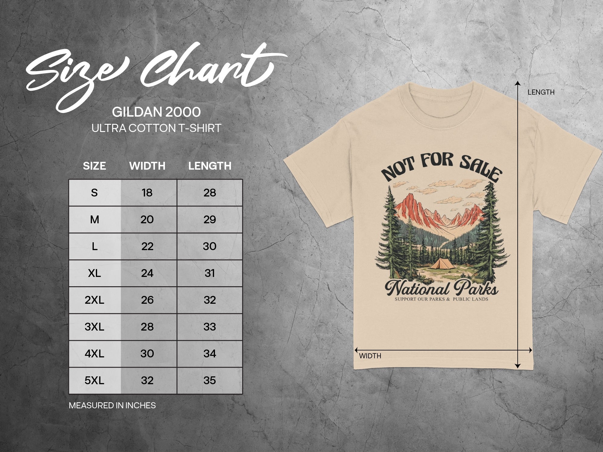 Gildan 2000 Ultra Cotton t-shirt size chart with width and length measurements.