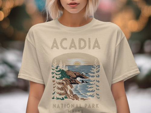 Acadia National Park Maine graphic tee with ocean and forest scene