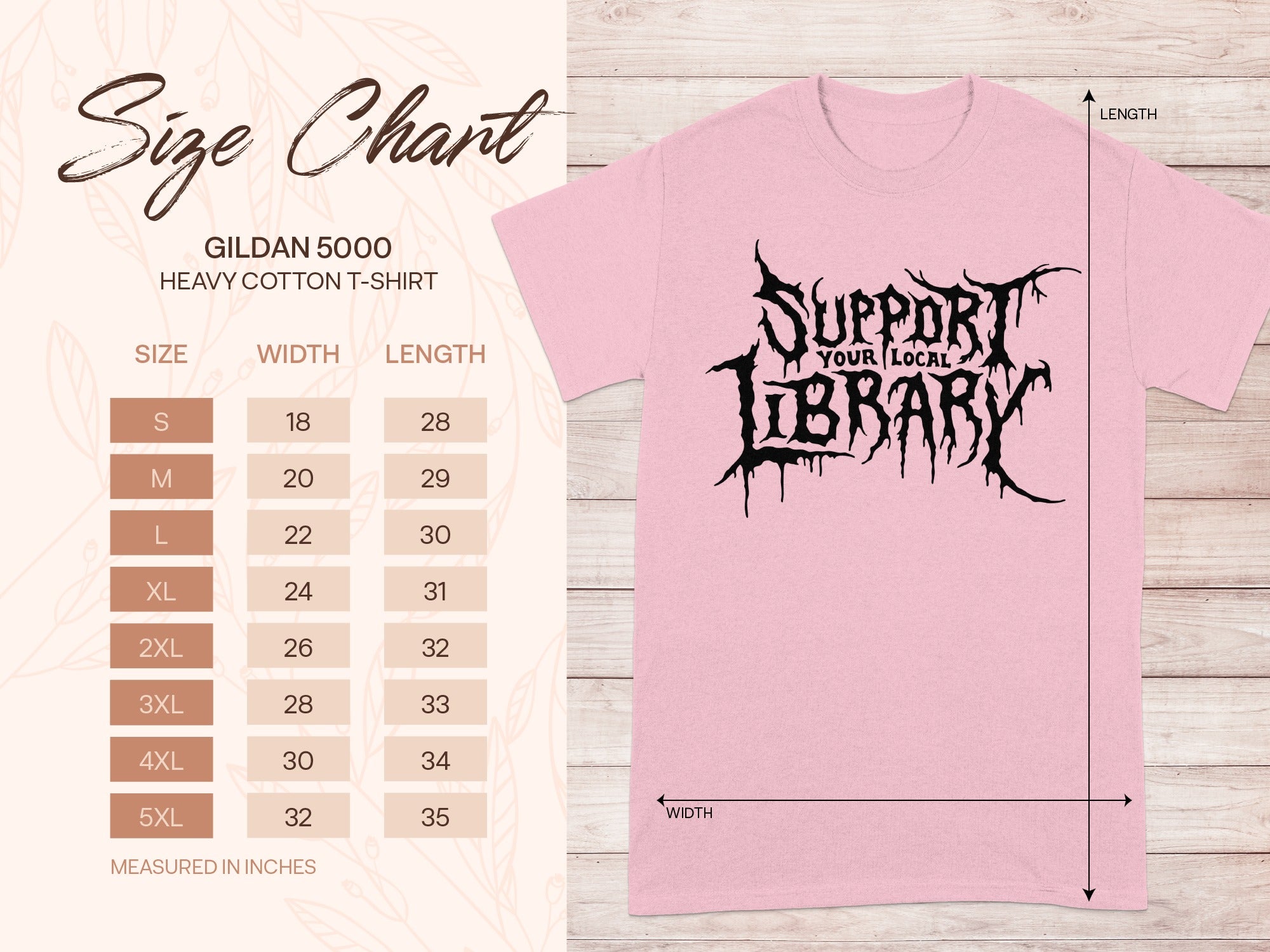Gildan 5000 heavy cotton t-shirt size chart with width and length measurements.