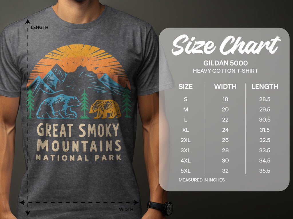 Graphic t-shirt size chart with measurements for Gildan 5000 heavy cotton t-shirts.