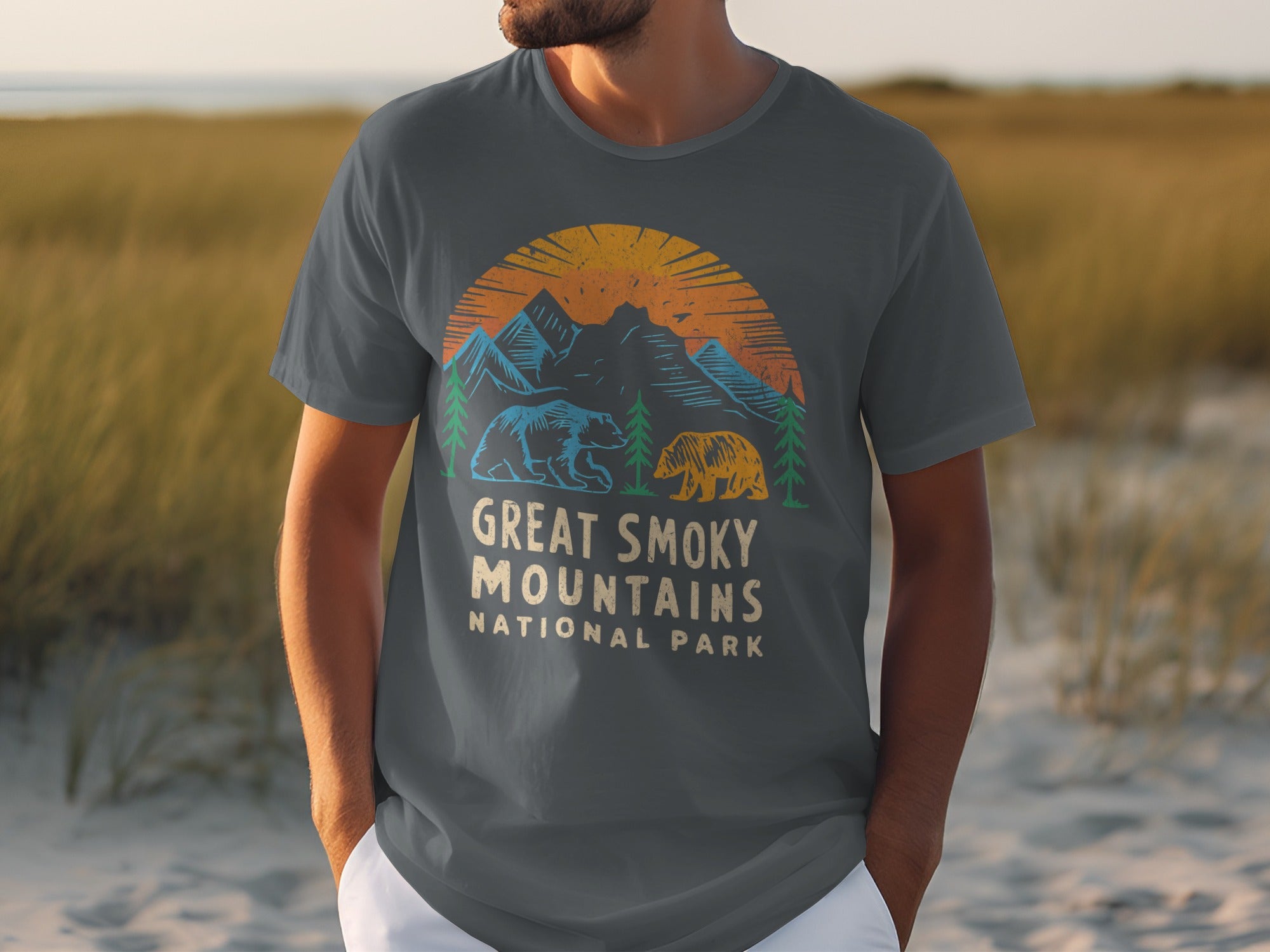 Vintage Great Smoky Mountains National Park t-shirt graphic with bears and mountains.